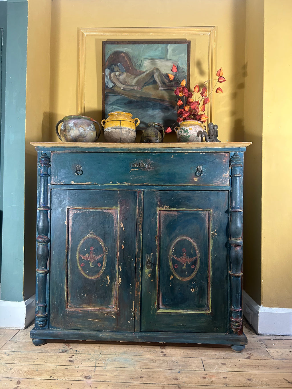 Antique Painted Linen Press with Folk Art Panels