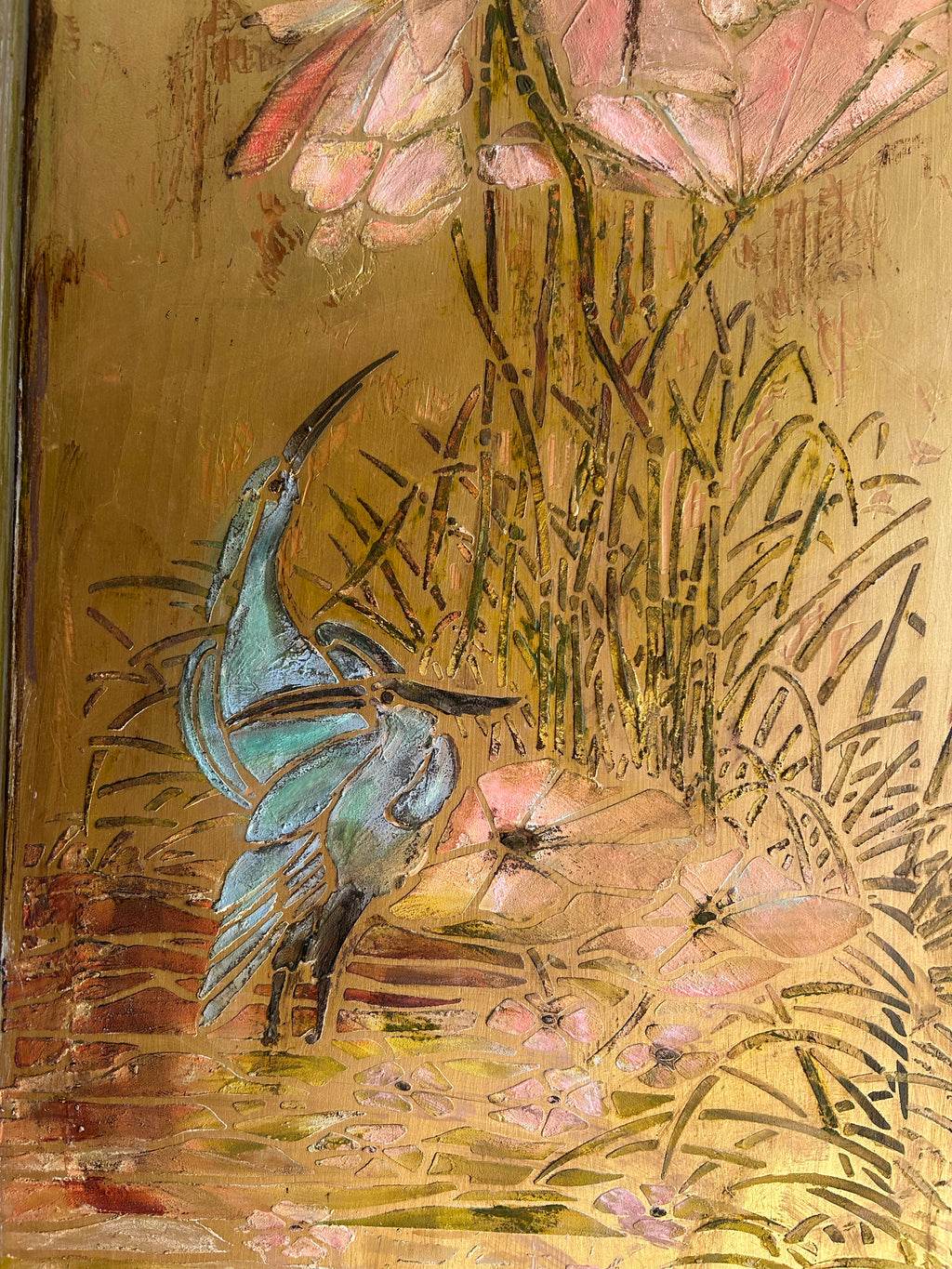 Vintage Painted Pine Large Double Wardrobe with Inlaid Chinoiserie