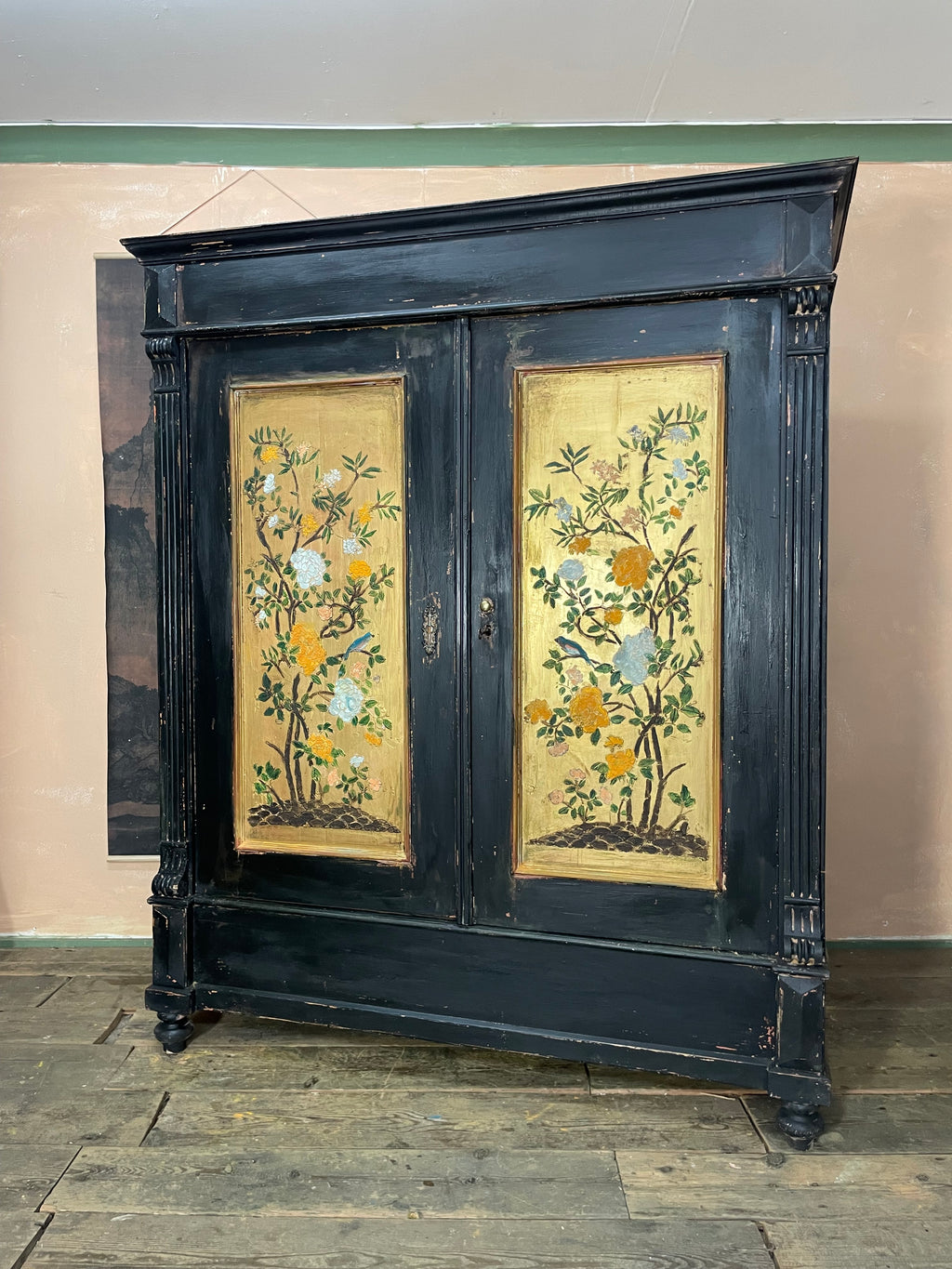 Vintage Painted Pine Wardrobe with Chinoiserie Panels