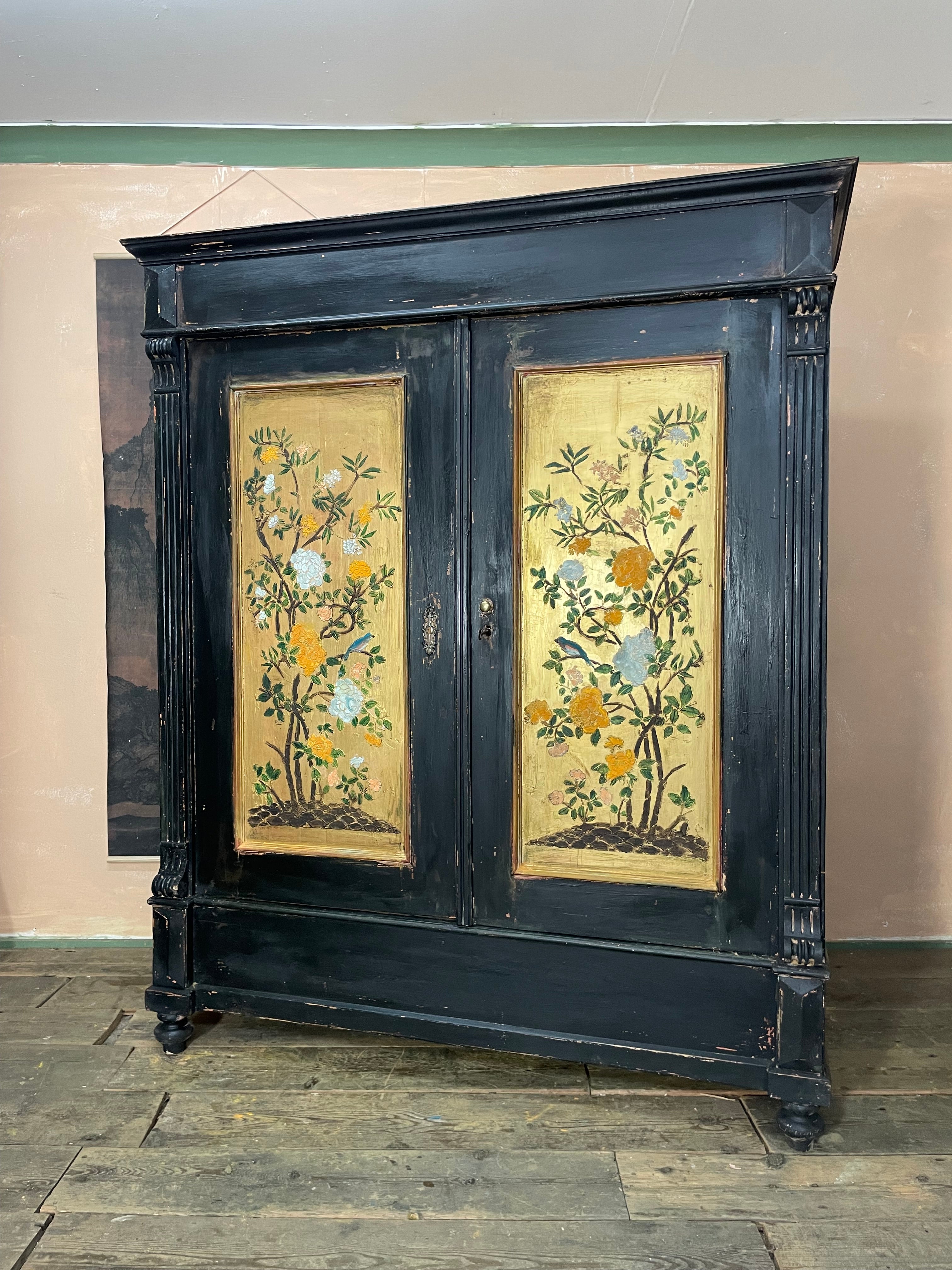 Vintage Painted Pine Wardrobe with Chinoiserie Panels