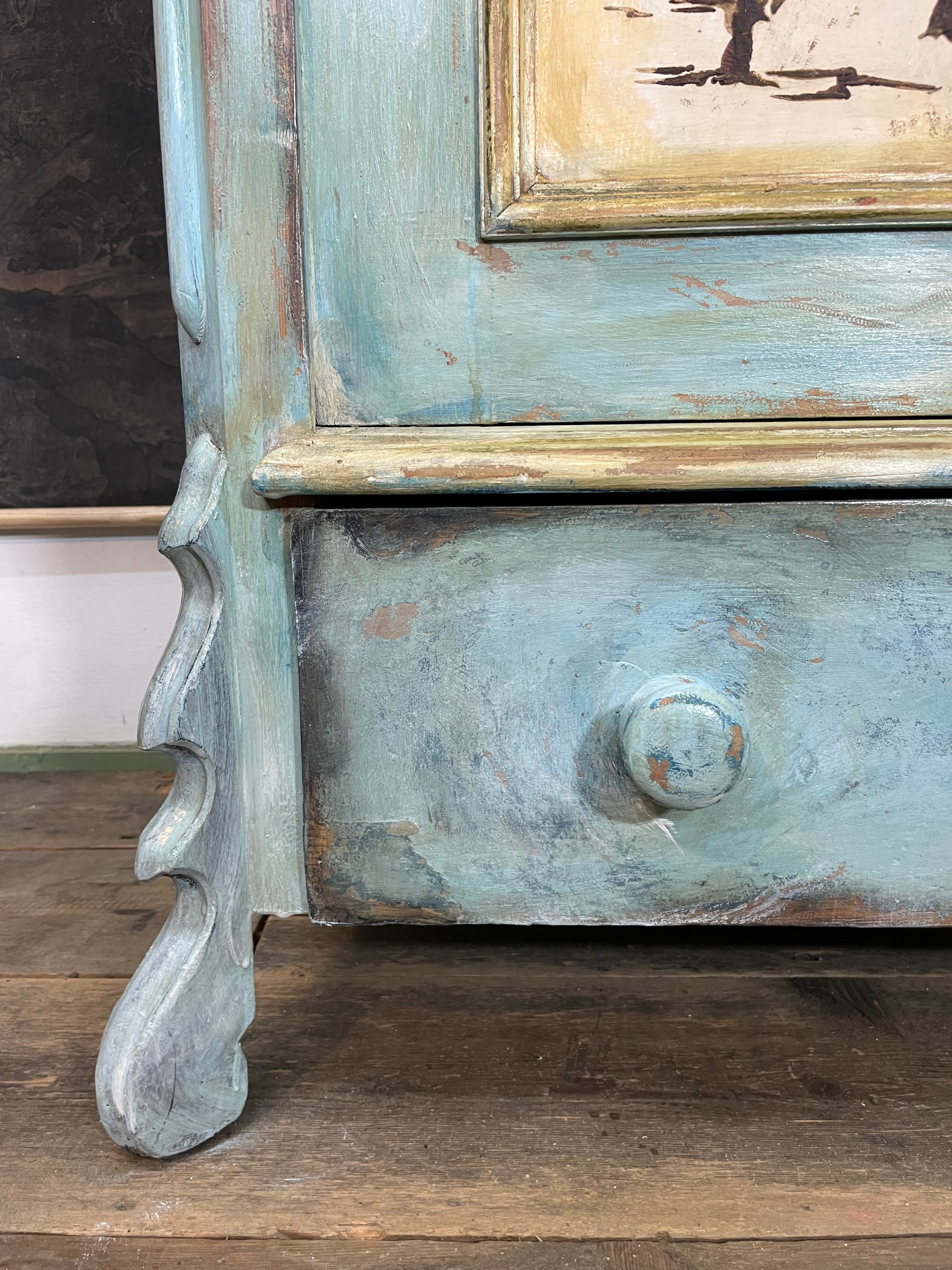 Vintage French Painted Pine Armoire with Chinoiserie Panels