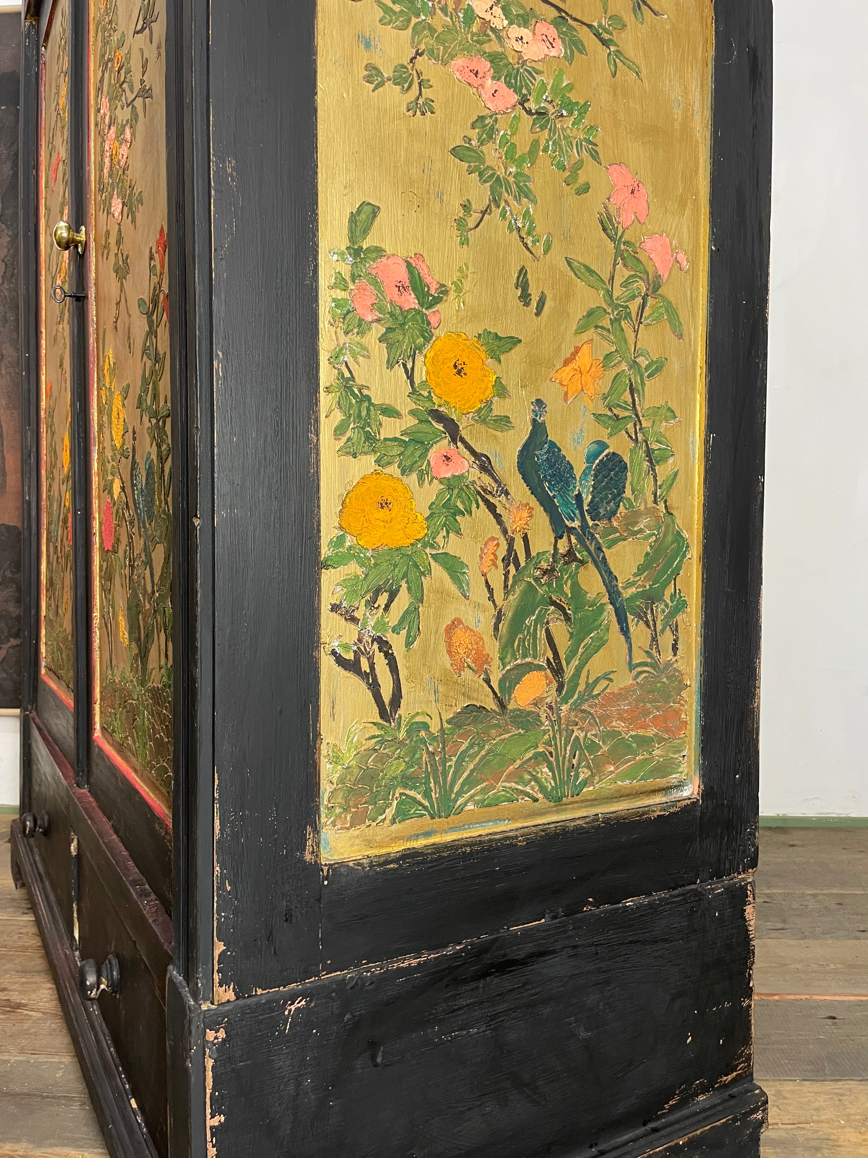 Vintage Knockdown Double Painted Wardrobe with Chinoiserie Panels