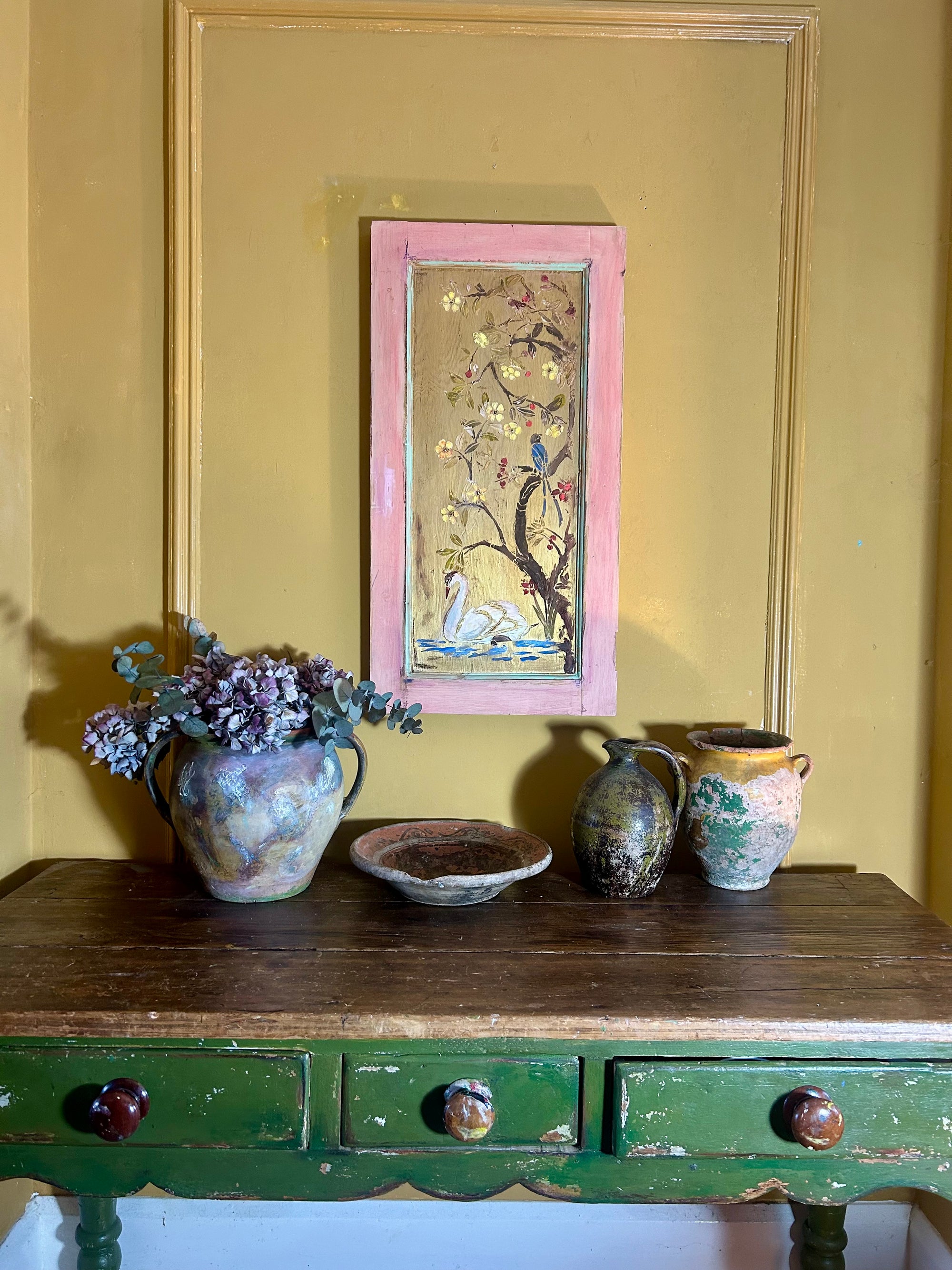 Reclaimed Door Wallhanging with Swan and Bird Chinoiserie