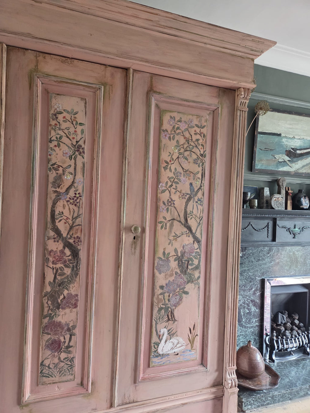 Painted Pine Triple wardrobe with Chinoiserie Panels