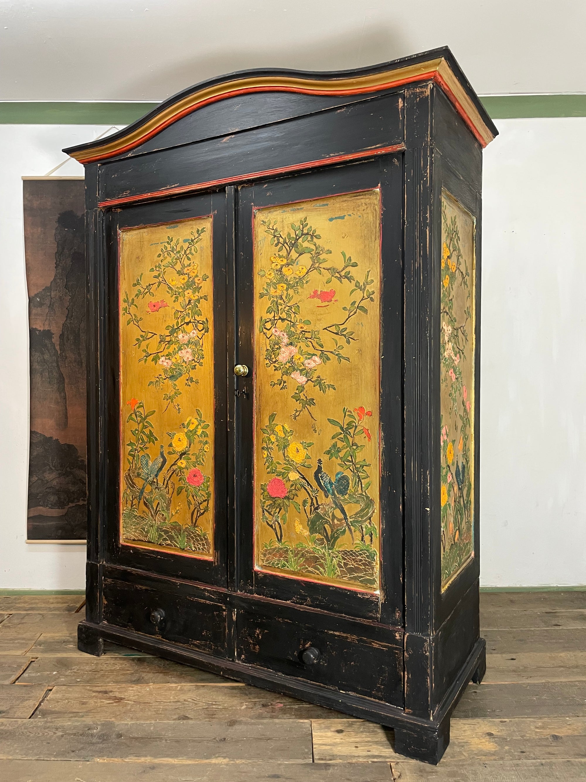 Vintage Knockdown Double Painted Wardrobe with Chinoiserie Panels