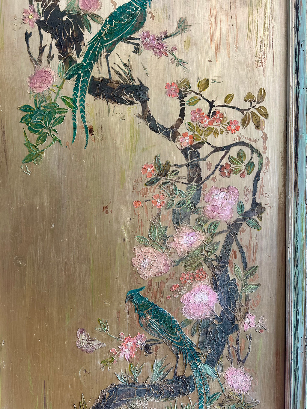 Vintage Painted Pine Armoire with Chinoiserie Panel