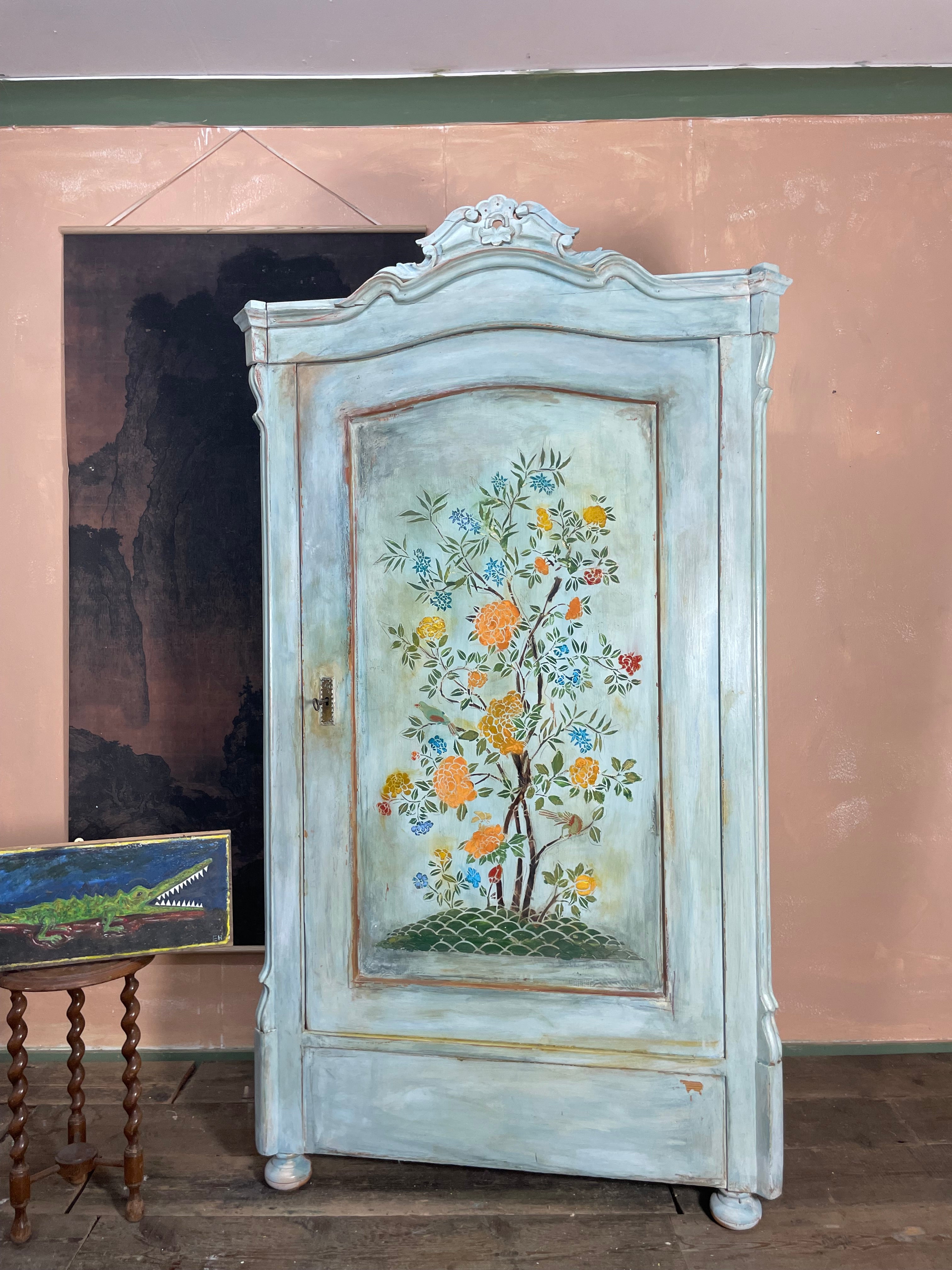 Vintage Painted Pine Wardrobe/ Linen Press with Chinoiserie Panel
