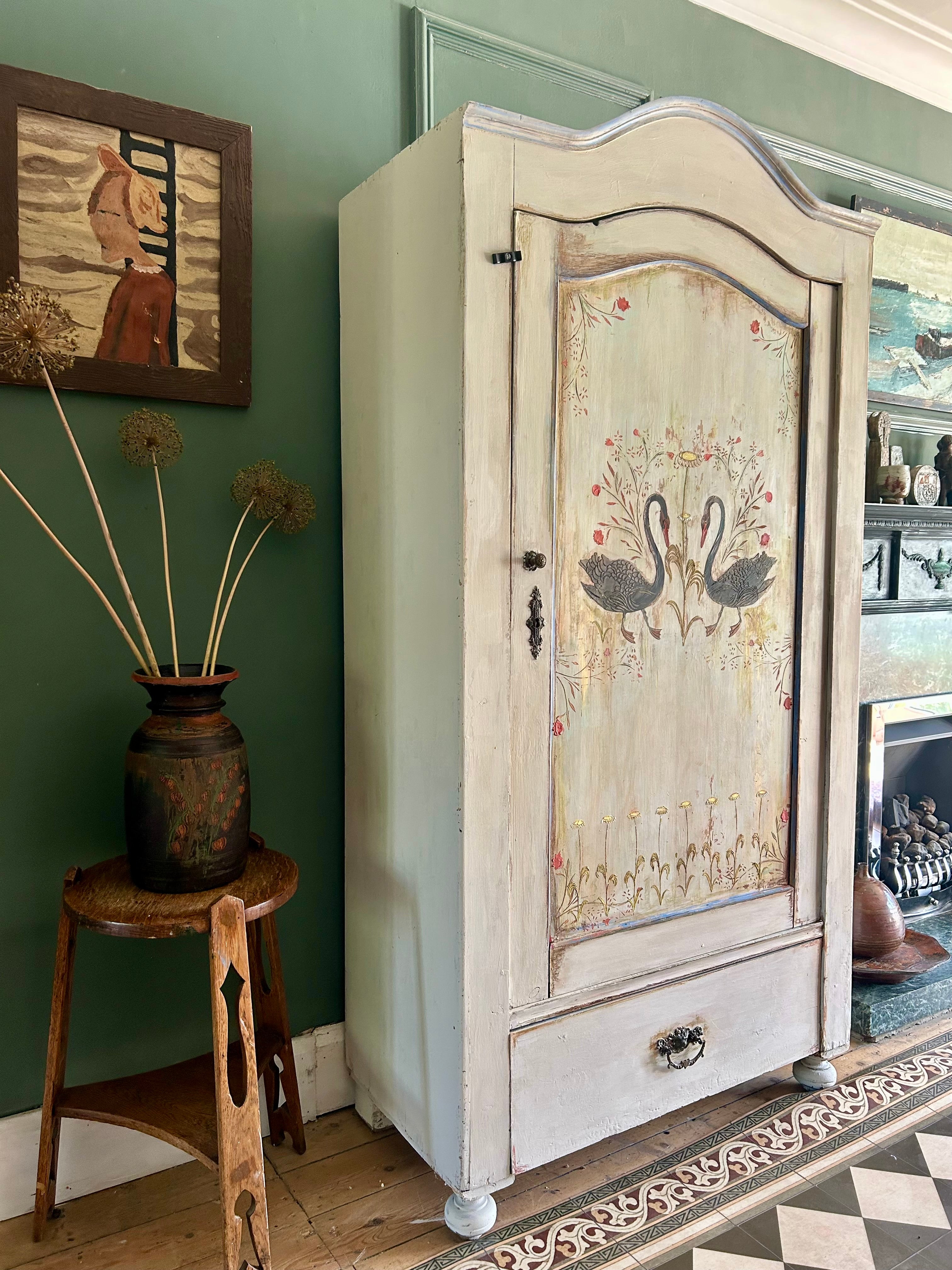 Vintage Painted Pine Folk Art Wardrobe