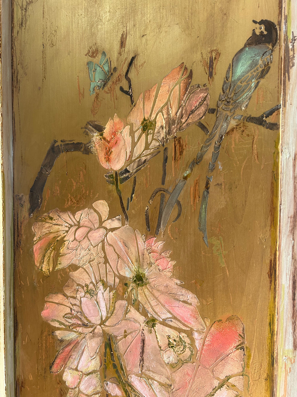 Vintage Painted Pine Large Double Wardrobe with Inlaid Chinoiserie