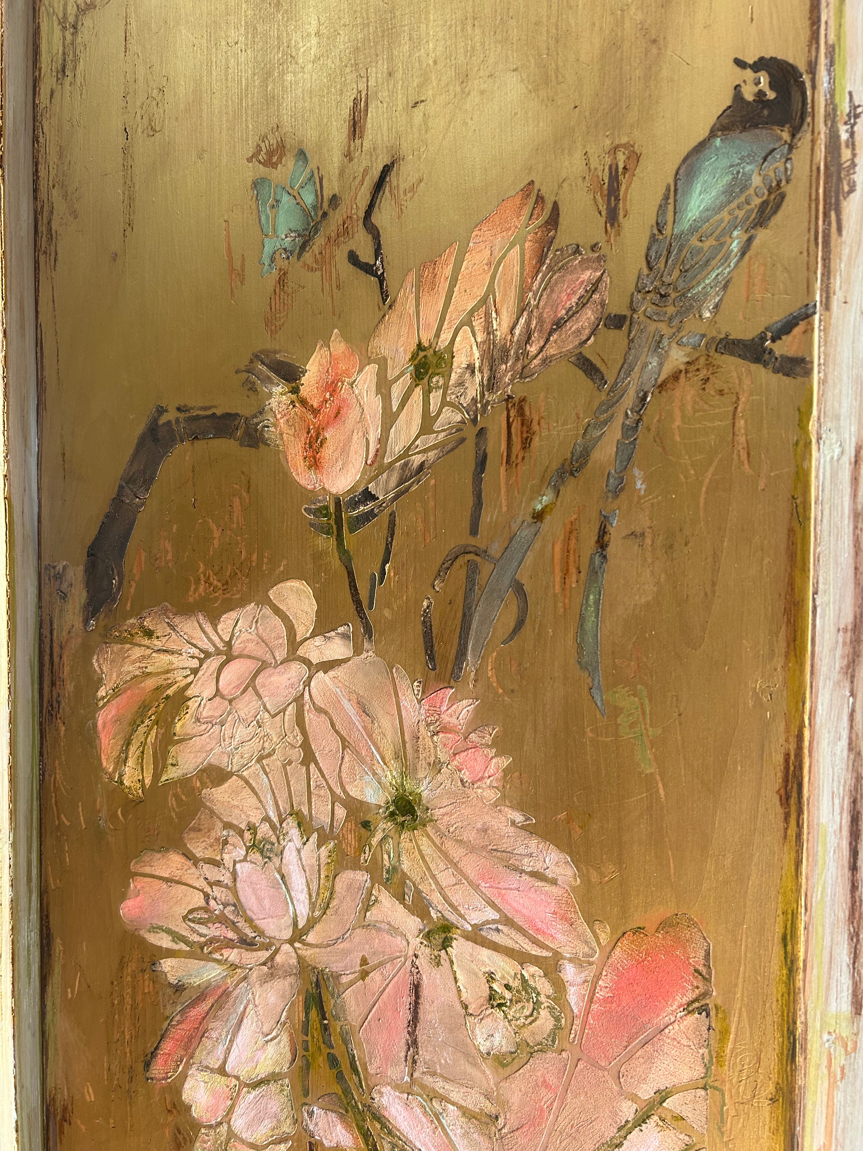 Vintage Painted Pine Large Double Wardrobe with Inlaid Chinoiserie