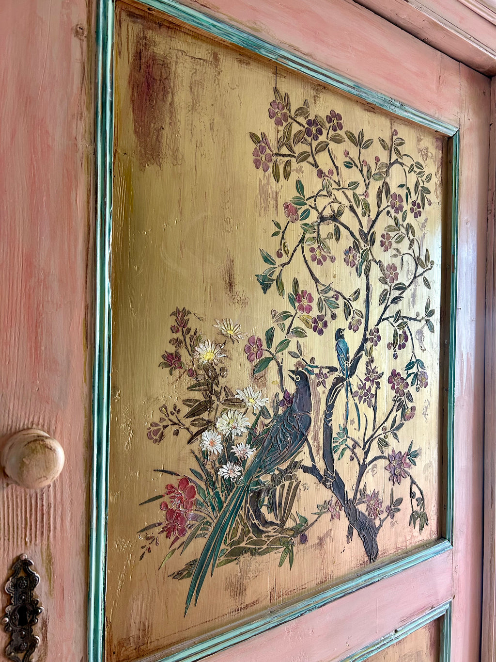 Vintage Painted Pine Cupboard with Inlaid Chinoiserie