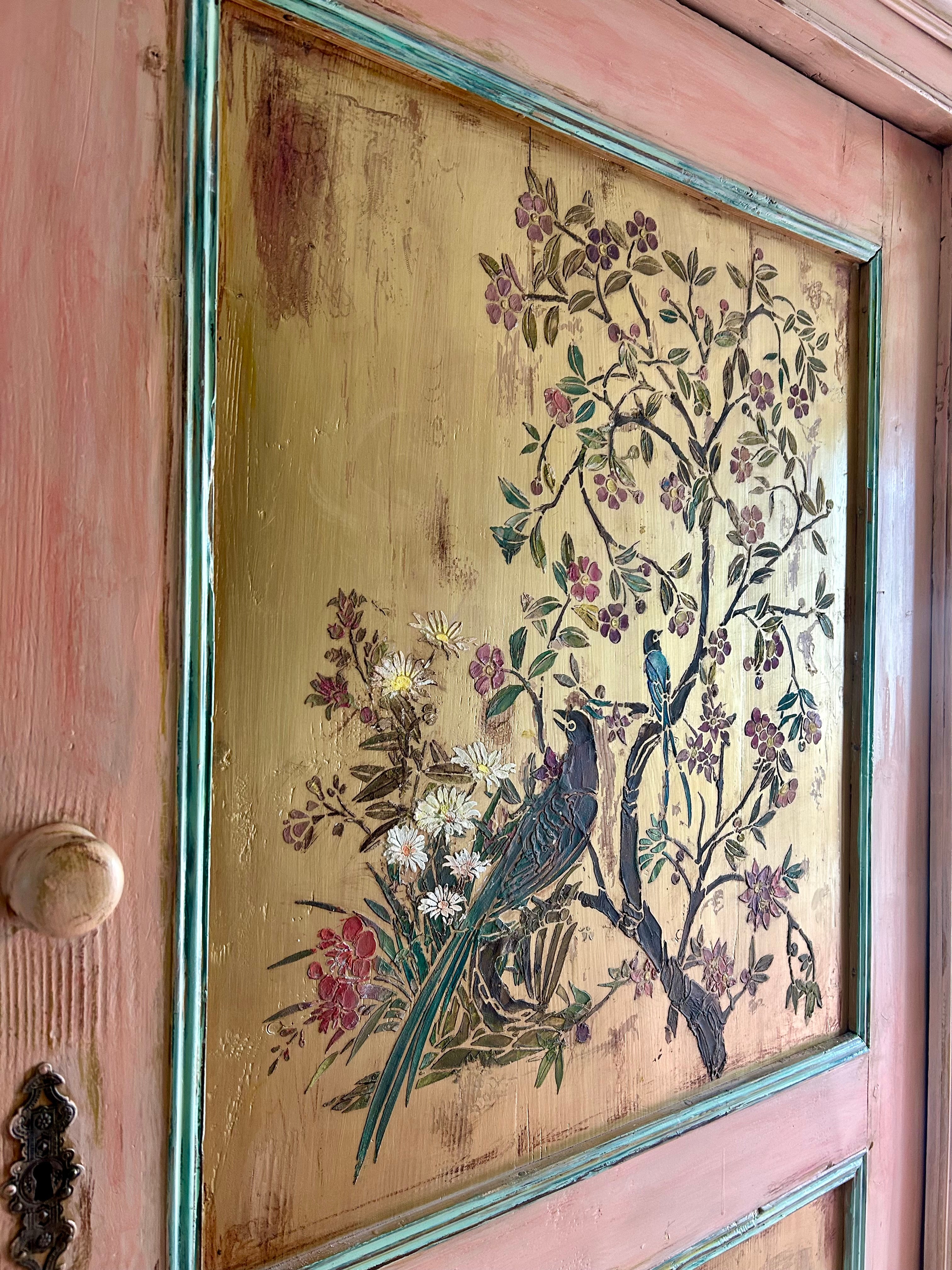 Vintage Painted Pine Cupboard with Inlaid Chinoiserie