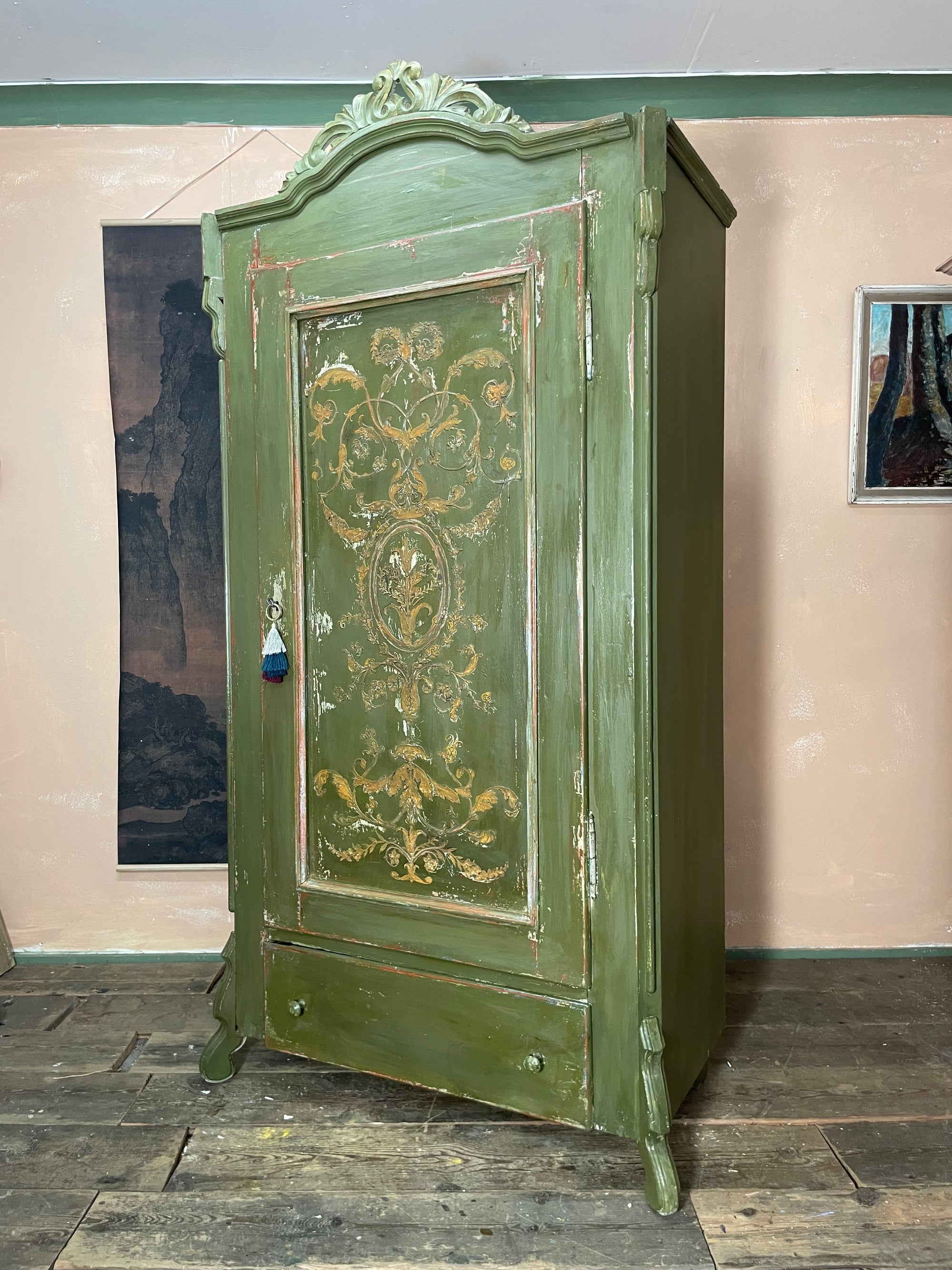 Vintage Painted Pine Wardrobe with Inlaid Boiserie Panel