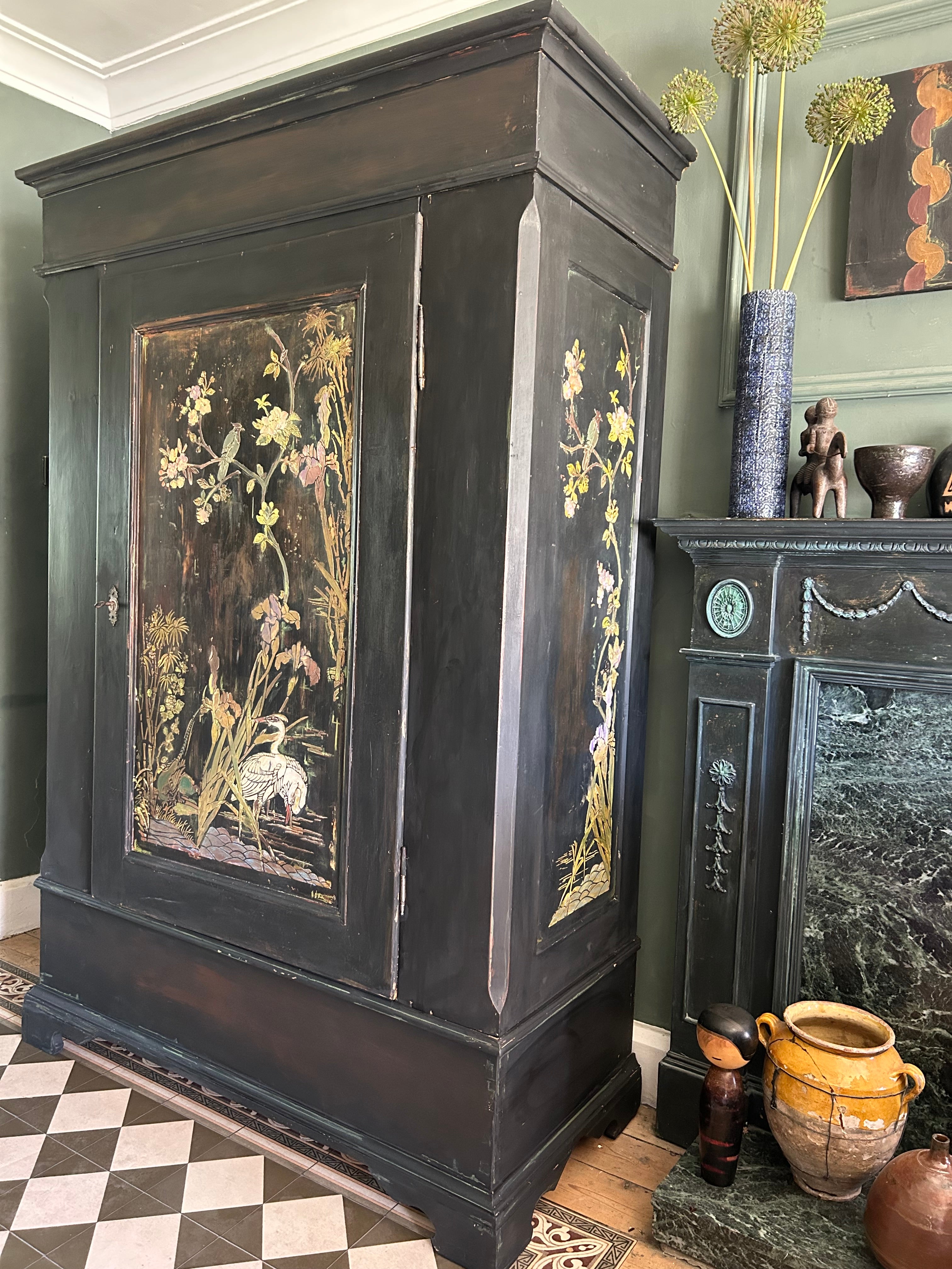 Vintage Painted Pine Armoire with Chinoiserie Panels