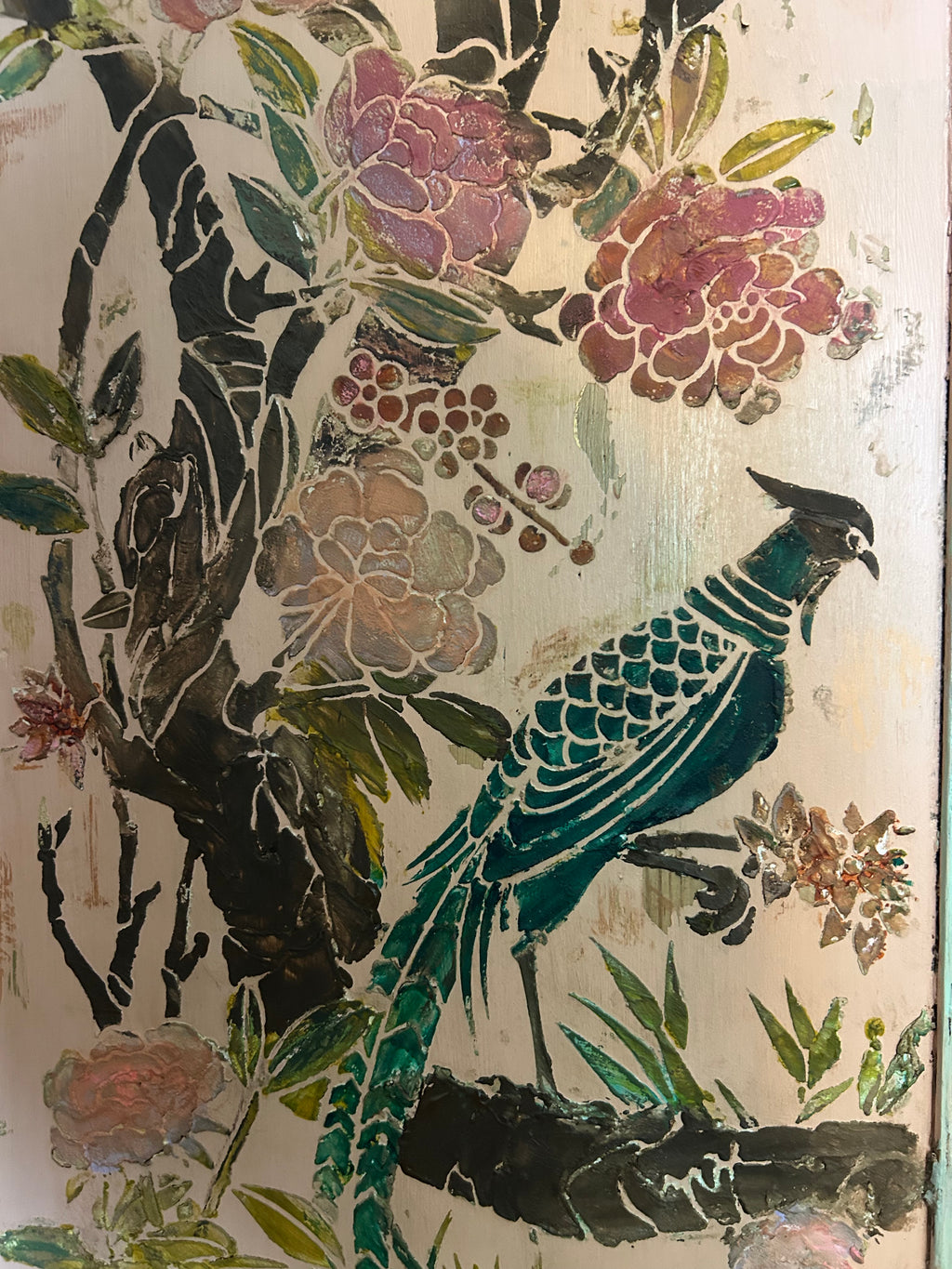 Vintage Painted Pine Wardrobe with Inlaid Chinoiserie