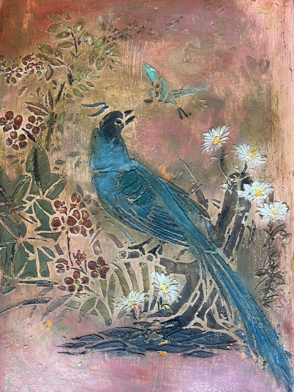 Reclaimed Door Wallhanging with Bird Chinoiserie
