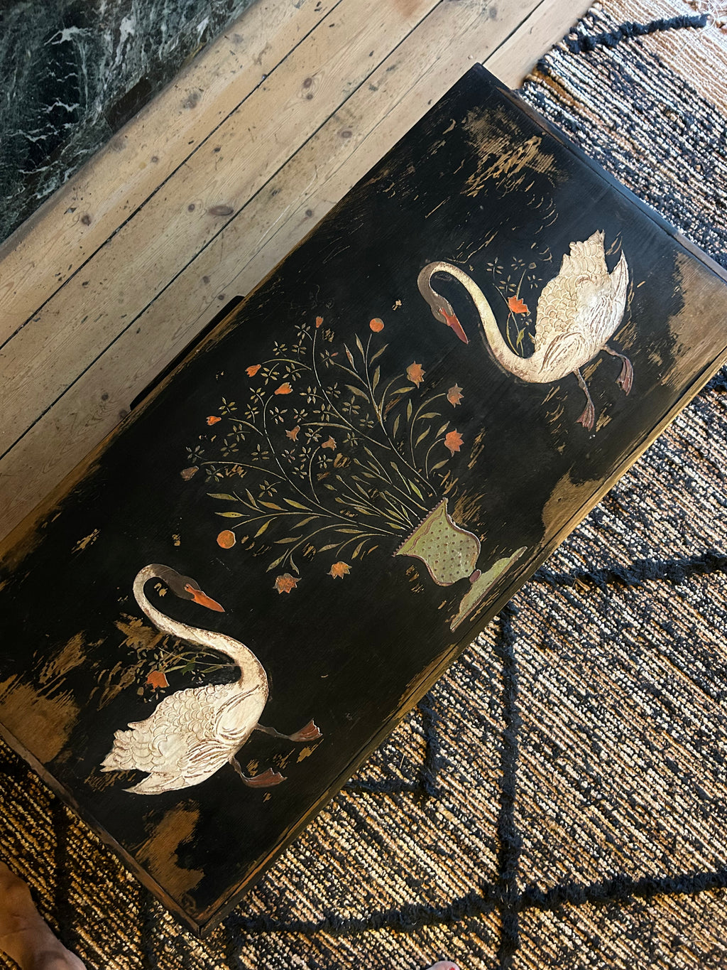 Vintage Painted Blanket Box with Folk Art Swans