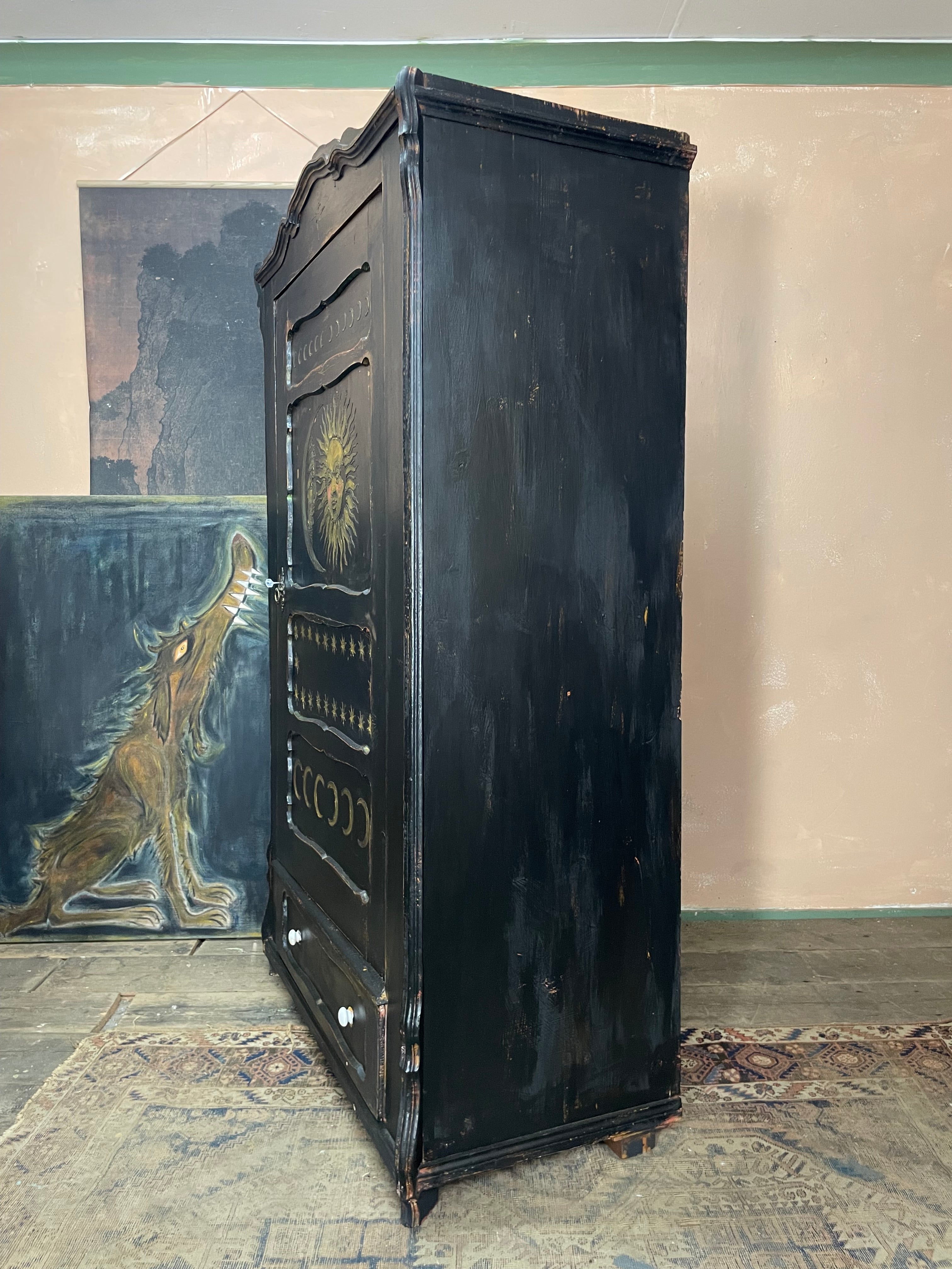 Vintage Painted Pine Folk Art Celestial Wardrobe