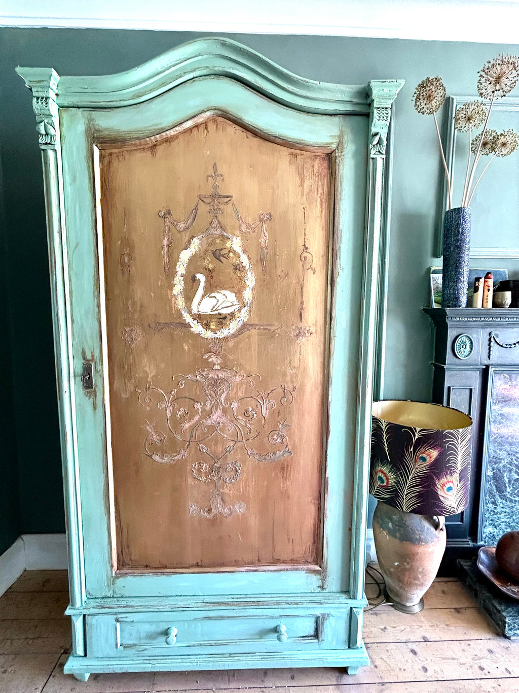 Painted Pine Armoire with Swan ( Reserved,Commission Piece)