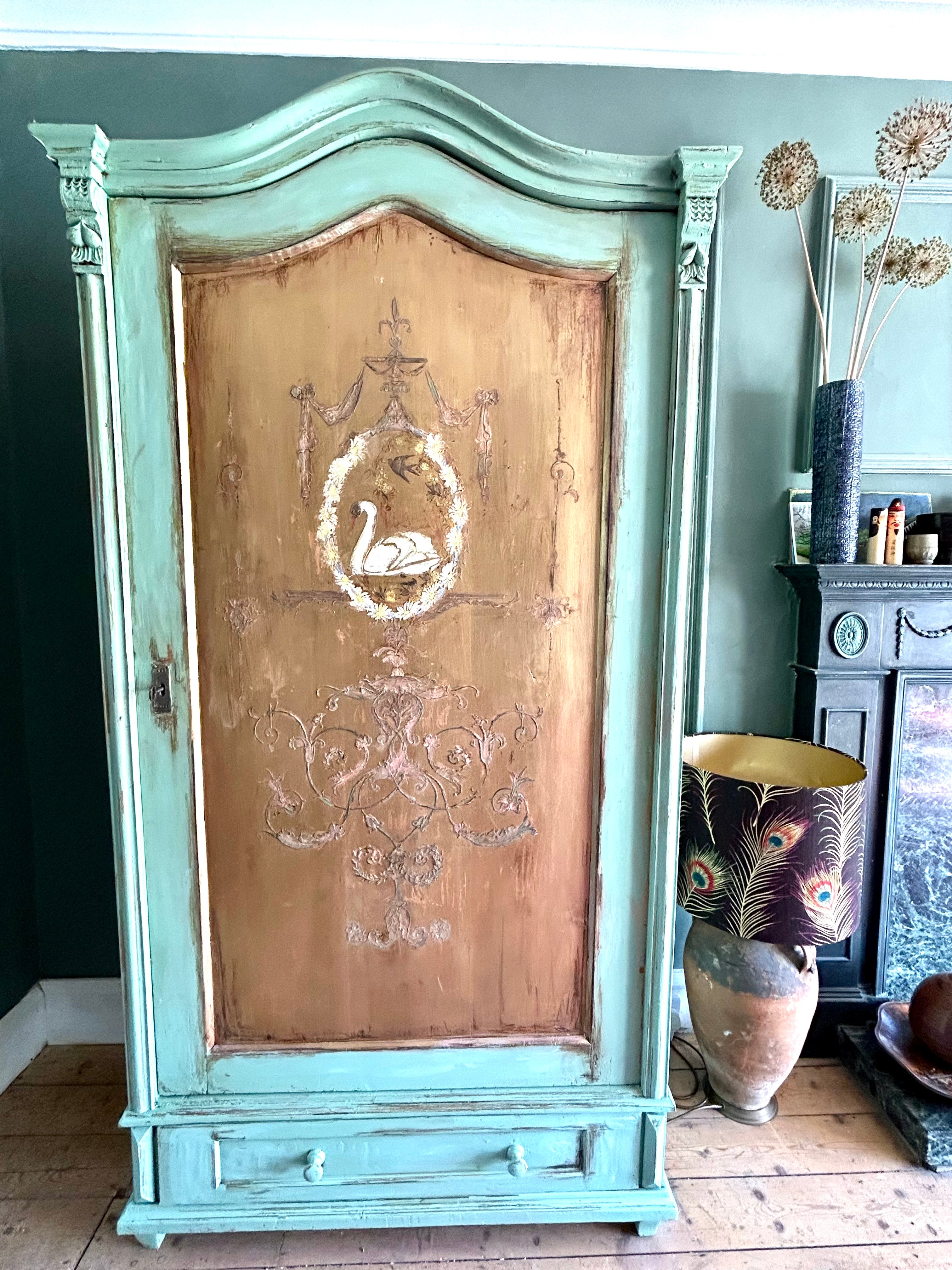 Painted Pine Armoire with Swan ( Reserved,Commission Piece)