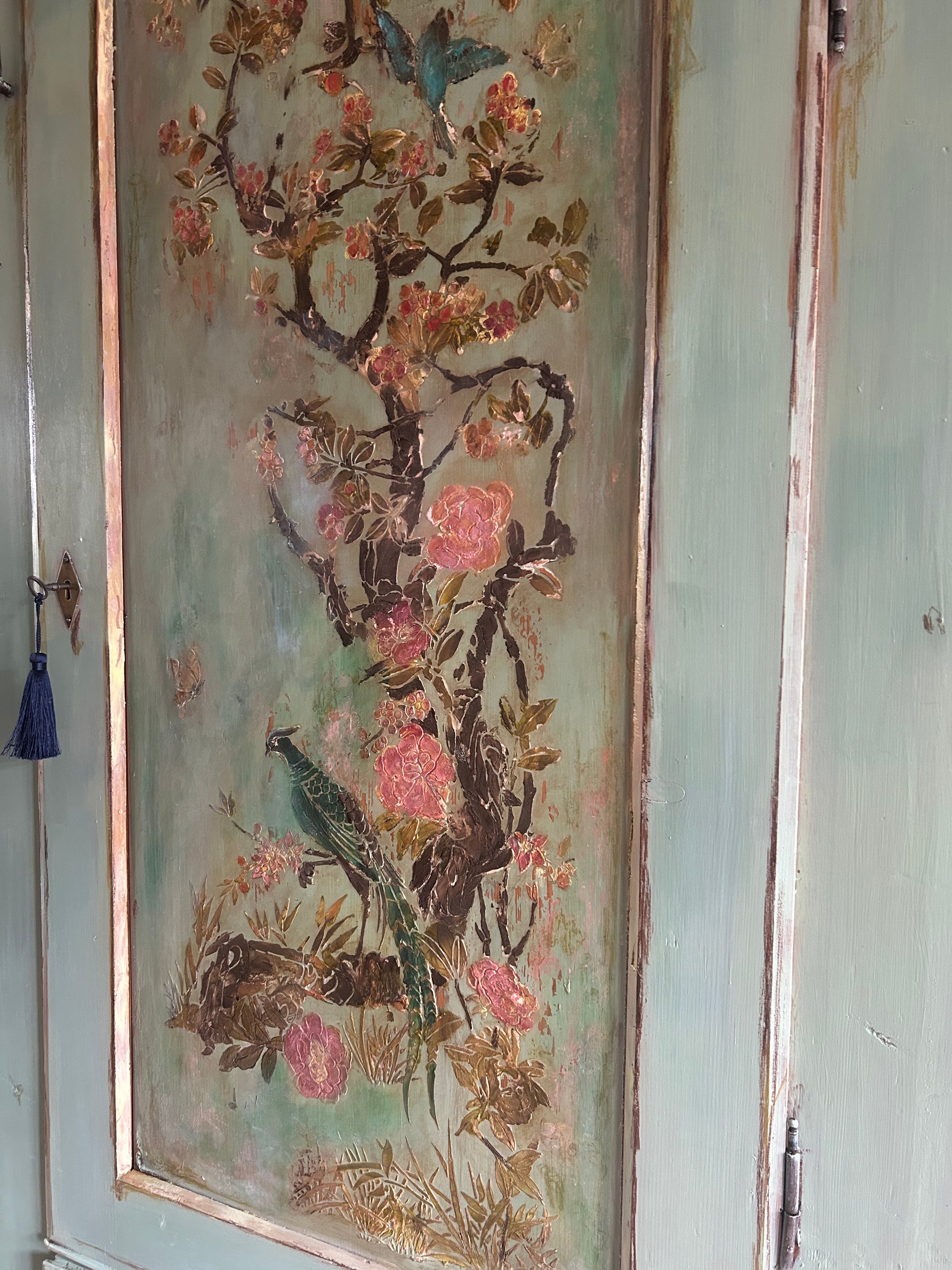 Vintage Painted Pine Armoire with Inlaid Chinoiserie