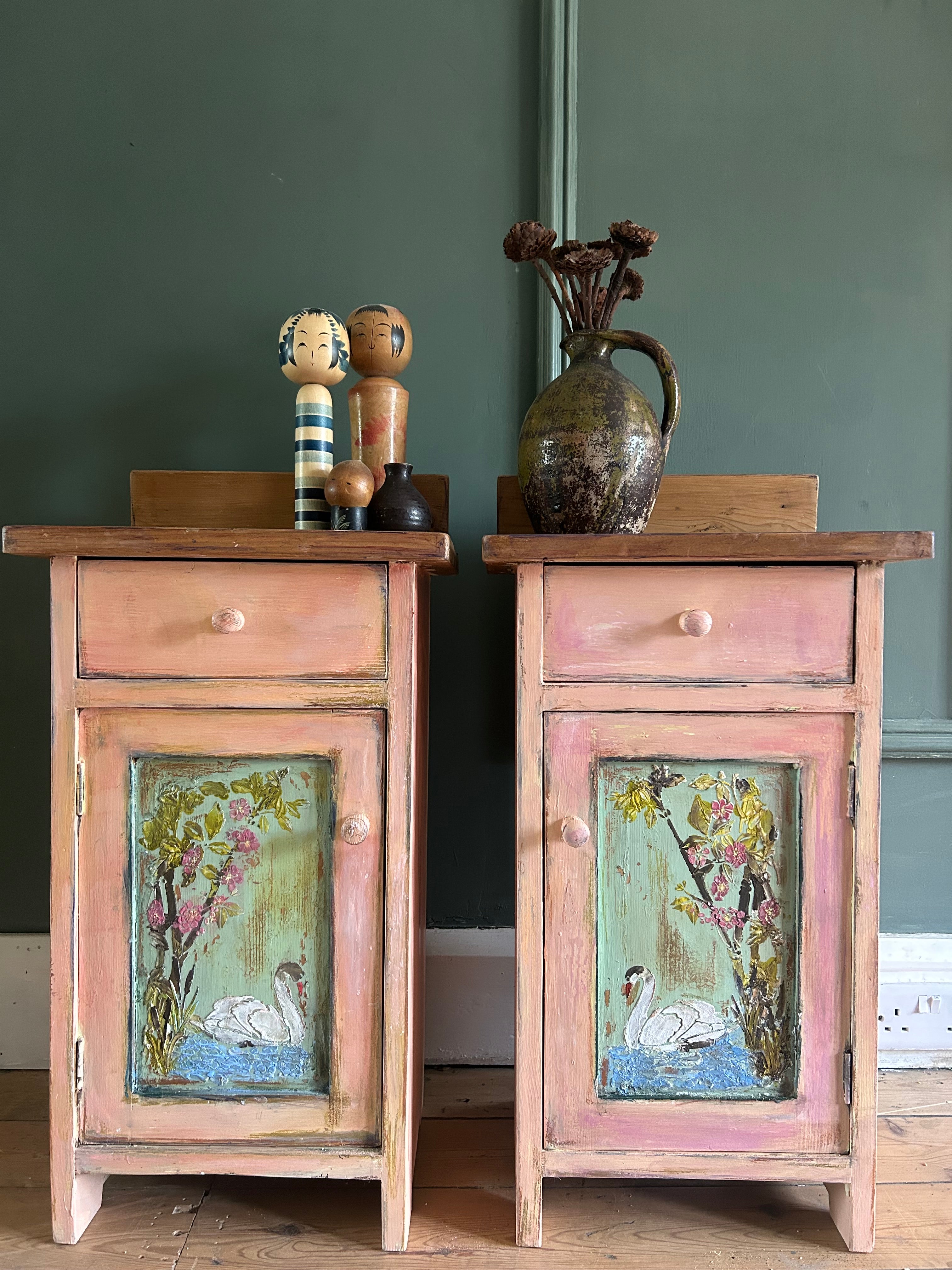 Vintage Painted Pine Bedside Cabinets with Inlaid Chinoiserie