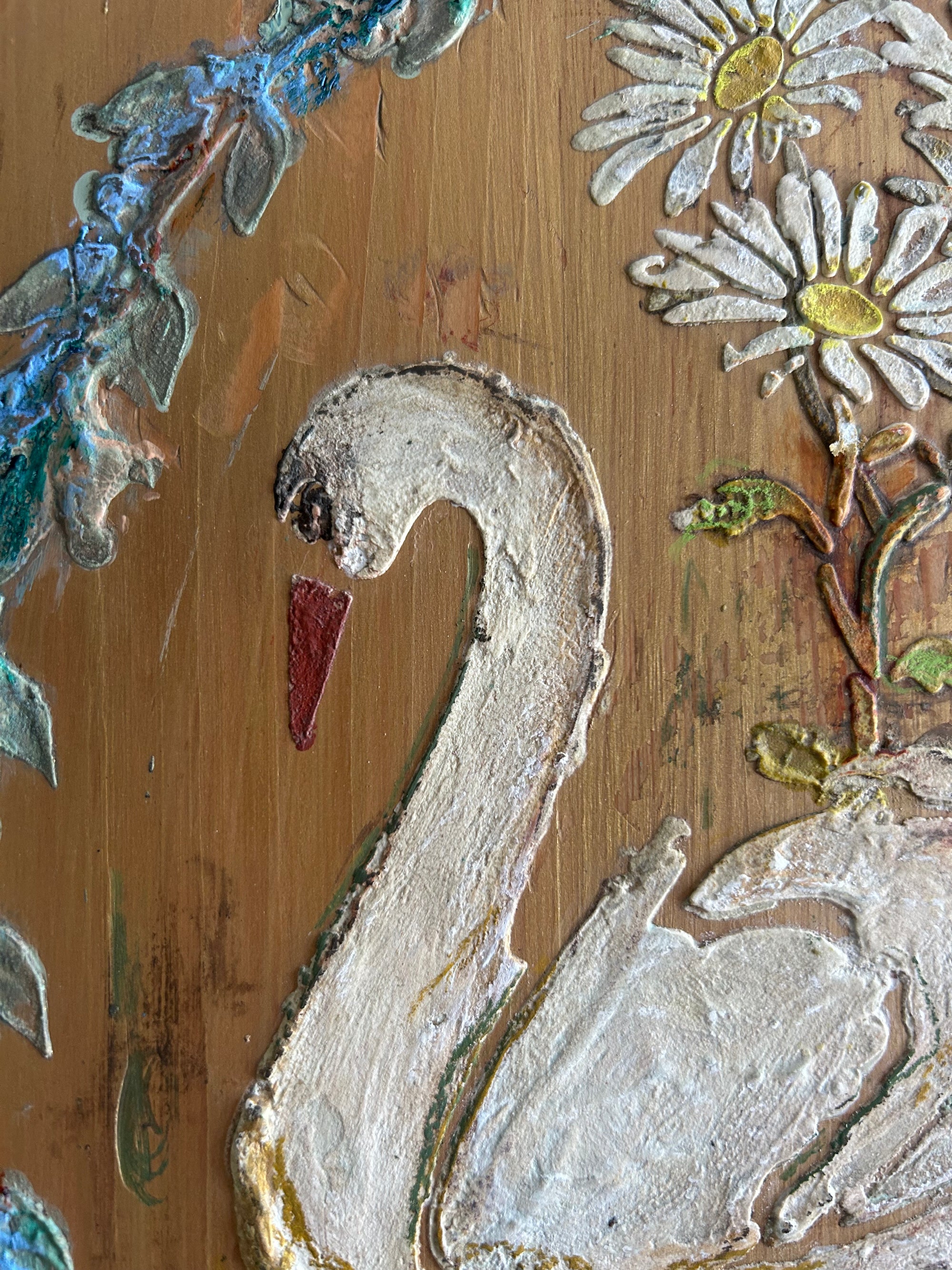 Vintage Painted Pine Wardrobe with Inlaid Swan Chinoiserie