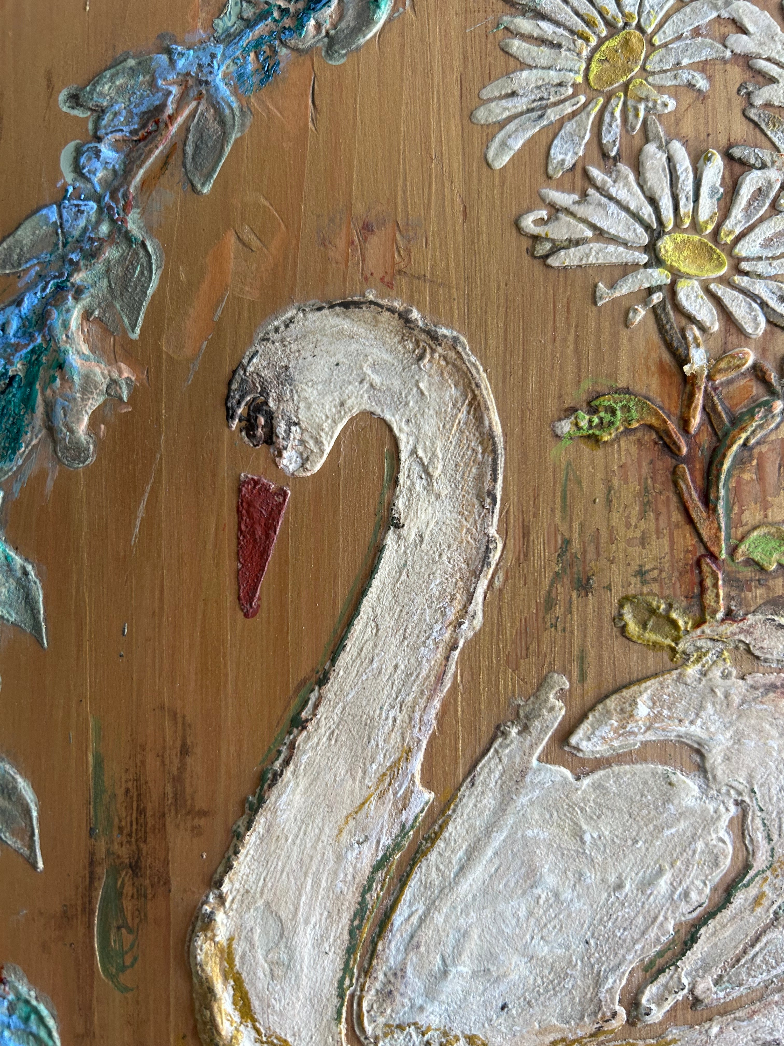 Vintage Painted Pine Wardrobe with Inlaid Swan Chinoiserie