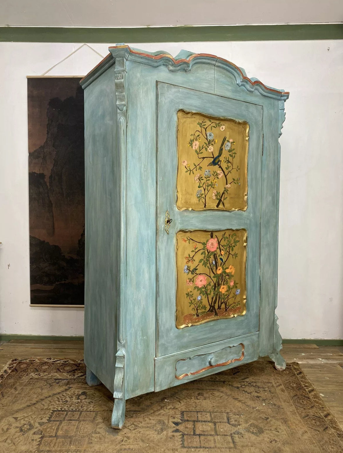 Vintage Painted Pine Wardrobe with Inlaid Bird Chinoiserie