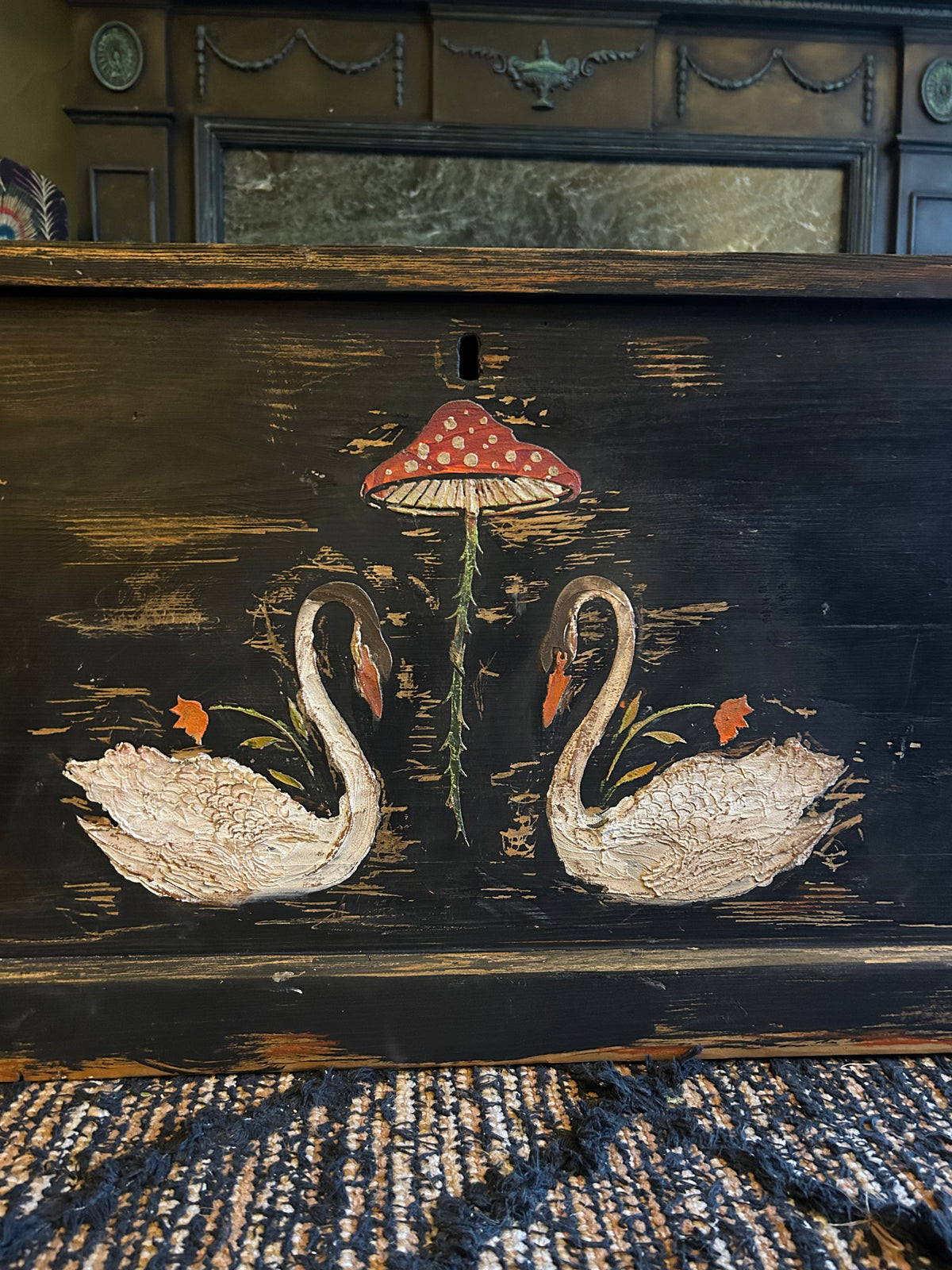 Vintage Painted Blanket Box with Folk Art Swans