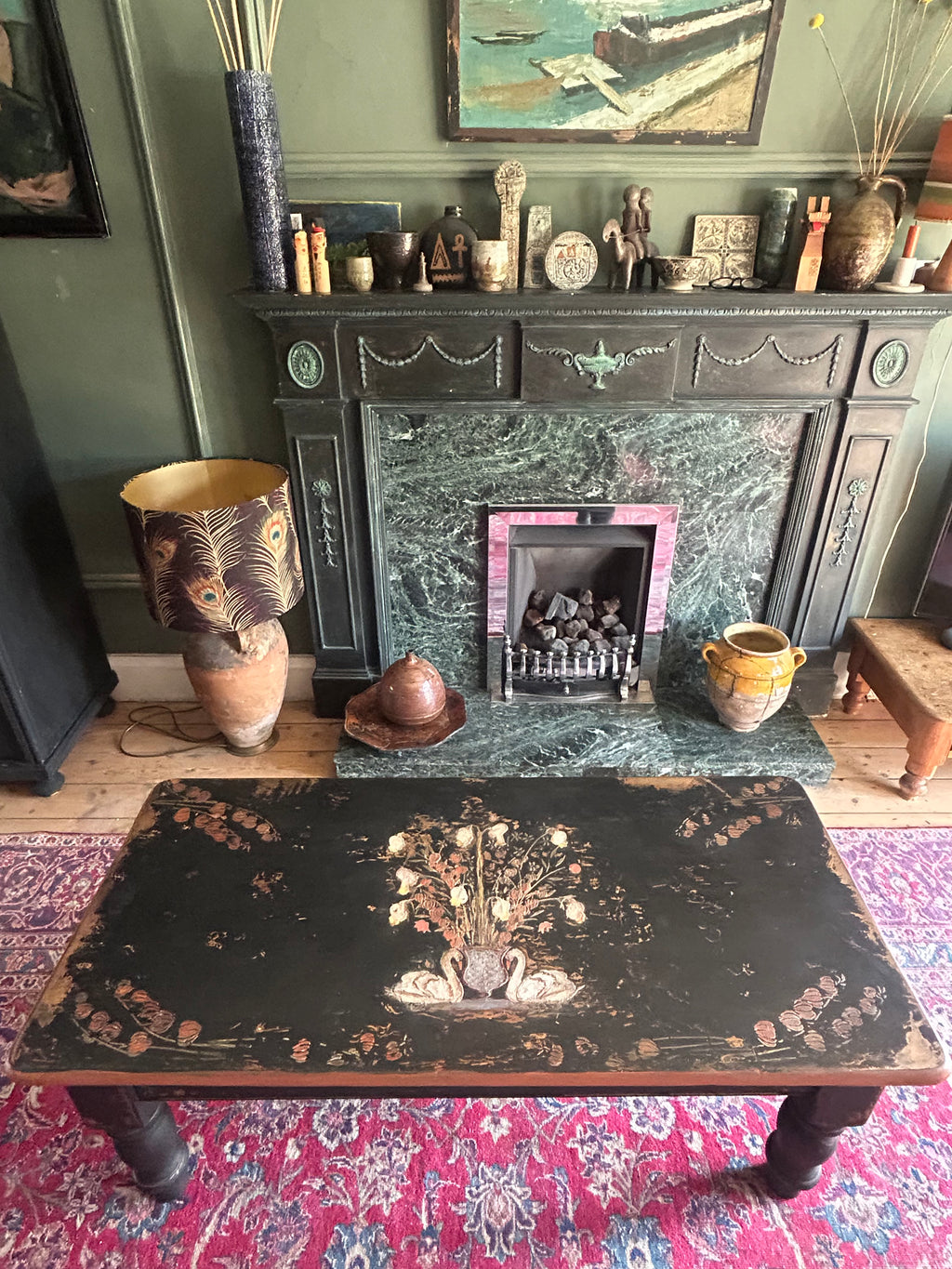 Vintage Painted Coffee Table with Folk Art Design