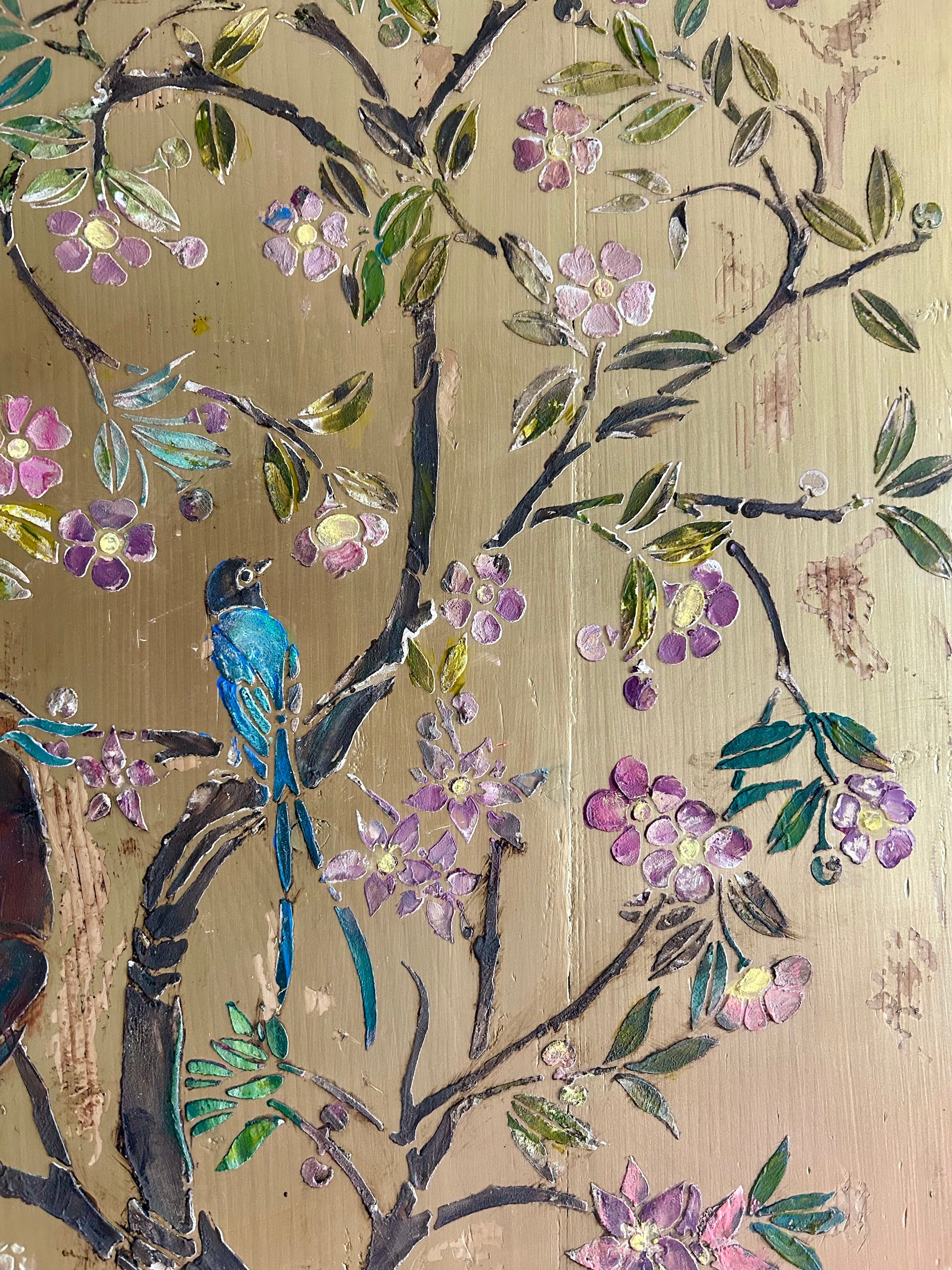 Vintage Painted Pine Cupboard with Inlaid Chinoiserie