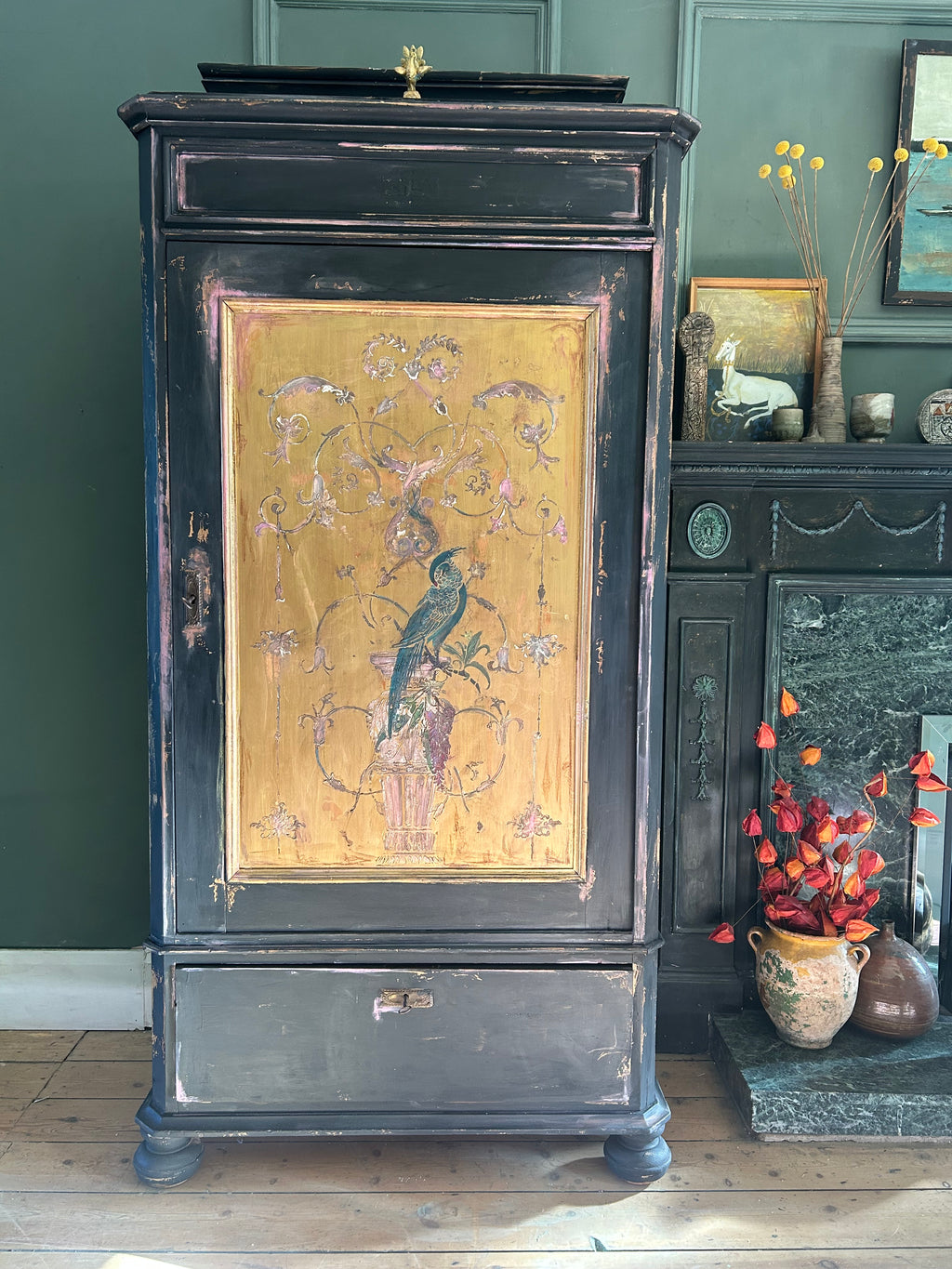Vintage Painted Hall Cupboard/ Armoire with Chinoiserie Panel
