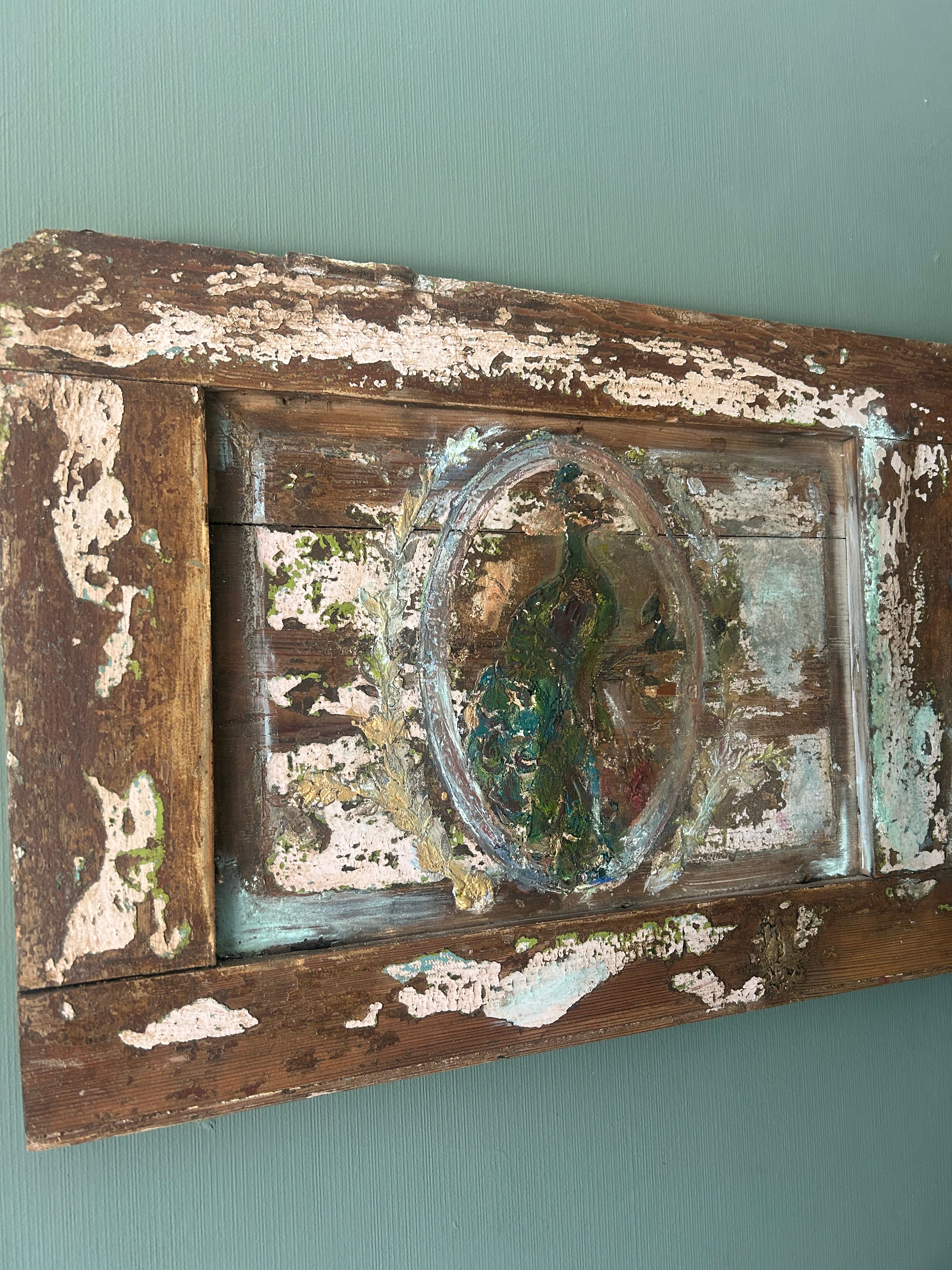 Reclaimed door wall hanging/Headboard with Inlaid Peacocks