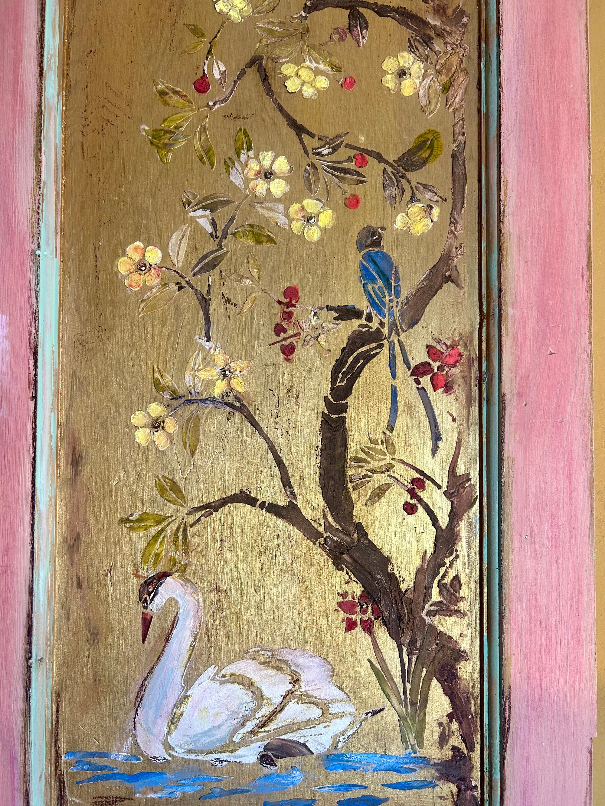 Reclaimed Door Wallhanging with Swan and Bird Chinoiserie
