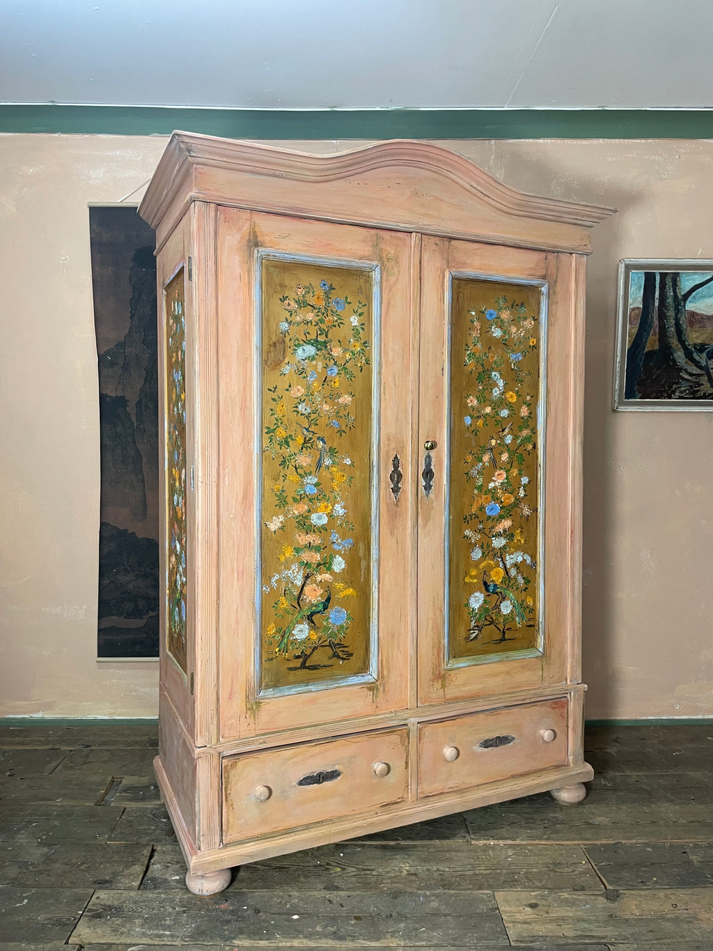 Vintage/ Antique Painted Pine Wardrobe with Inlaid Chinoiserie Panels