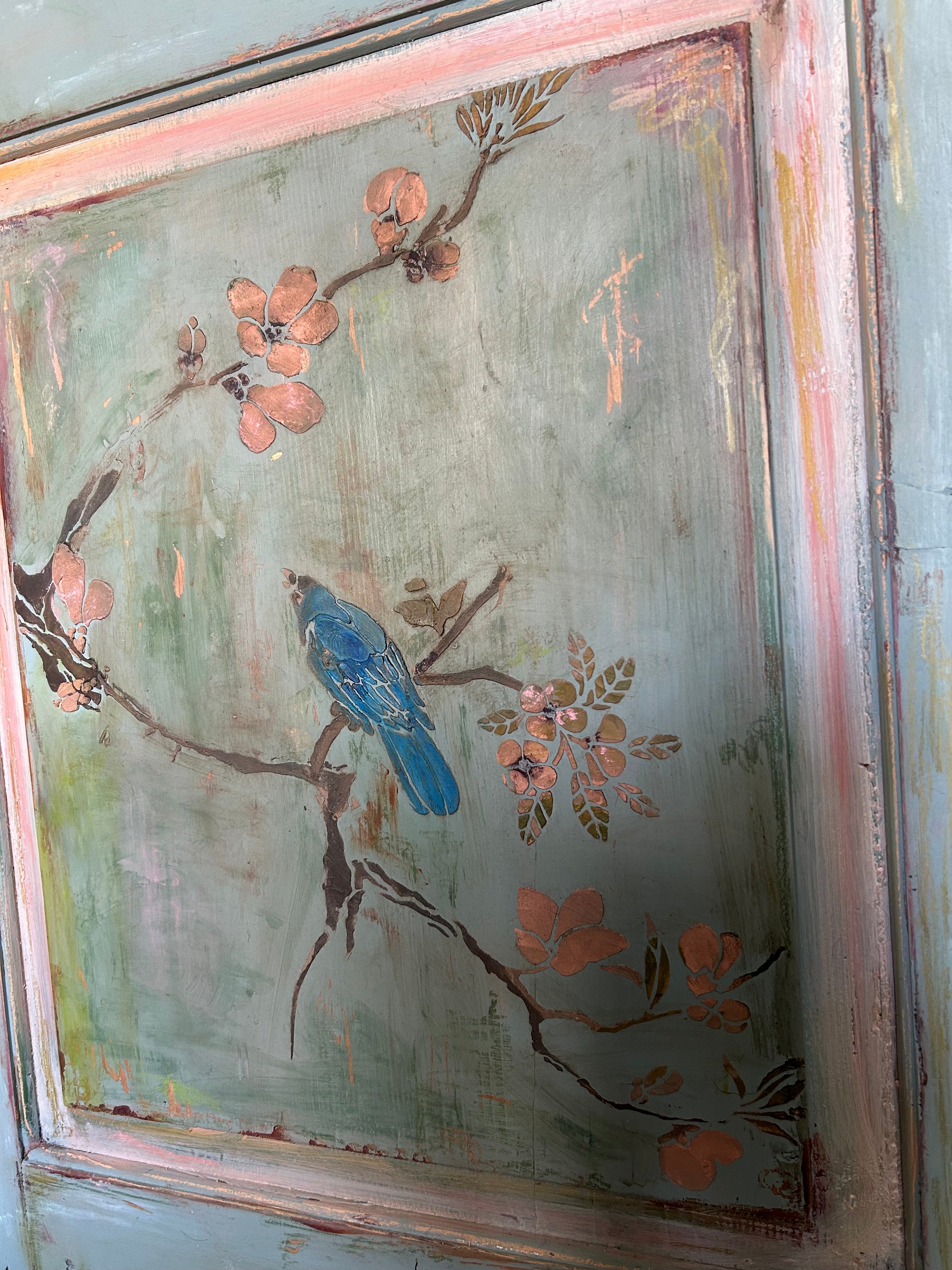 Large Vintage Painted Pine Double Wardrobe with Inlaid Chinoiserie