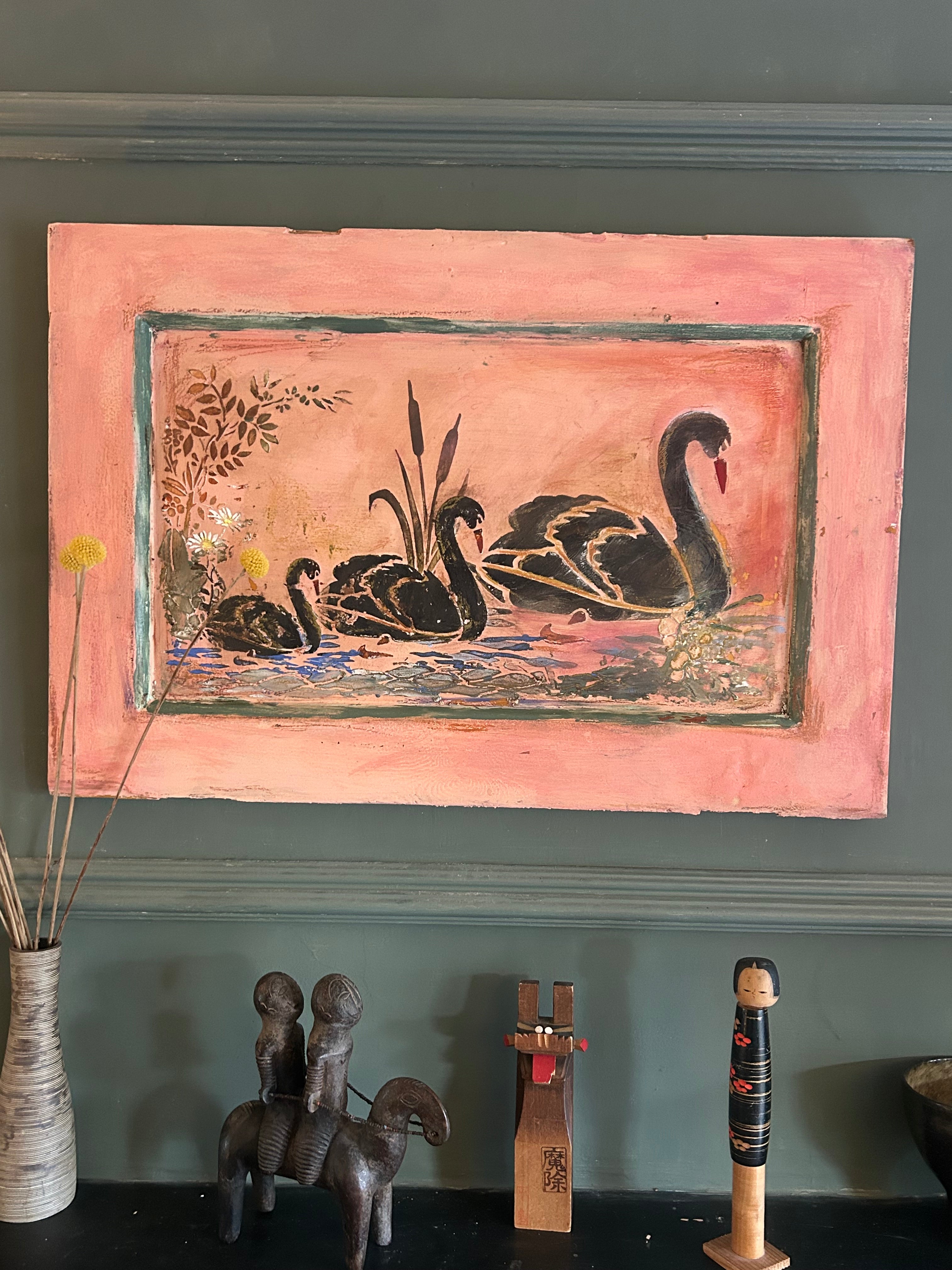 Reclaimed Door Wallhanging with Black Swan Chinoiserie