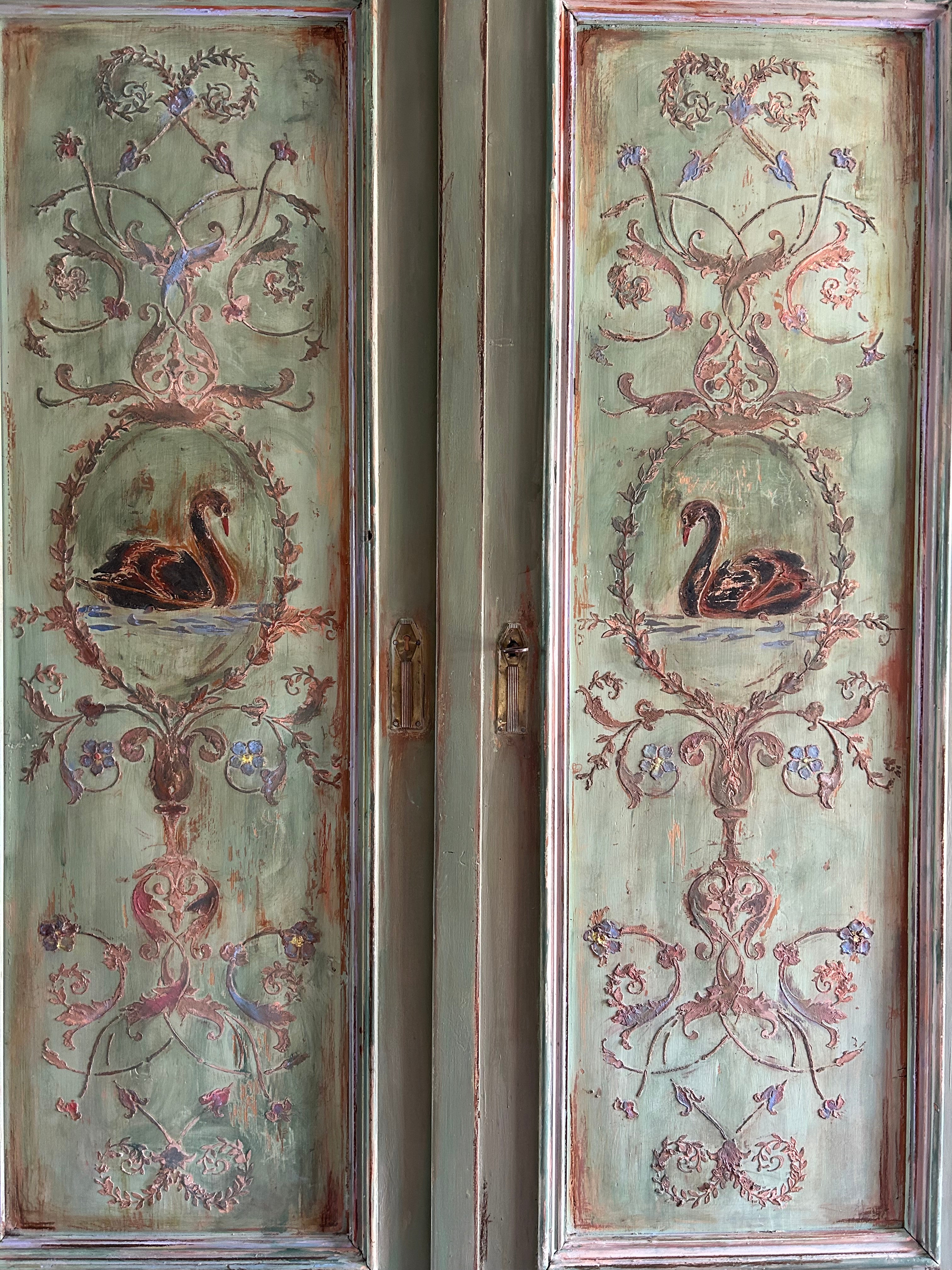Painted Pine French Wardrobe with Chinoiserie Black Swan