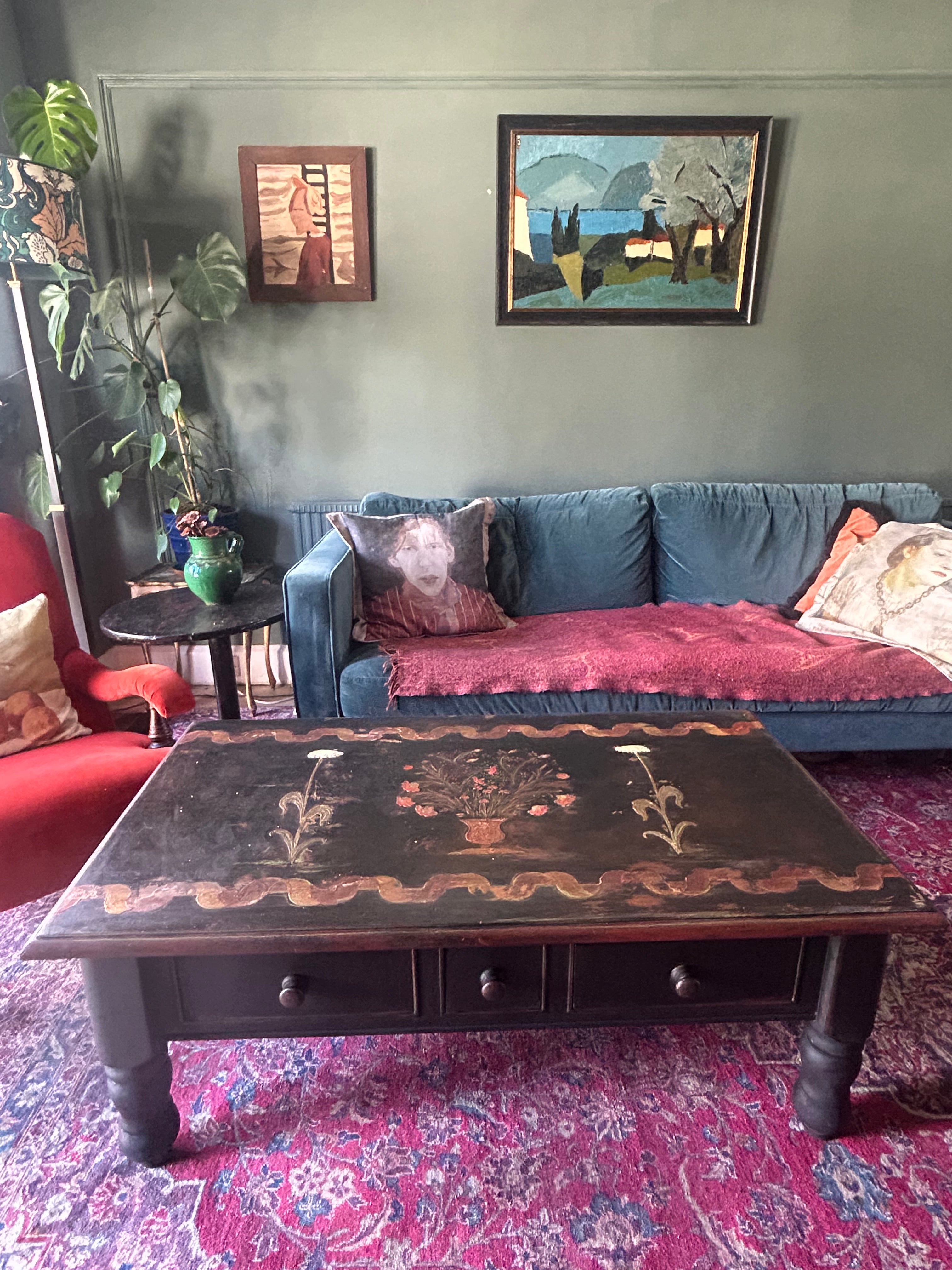 Vintage Painted Coffee Table with Folk Art Design