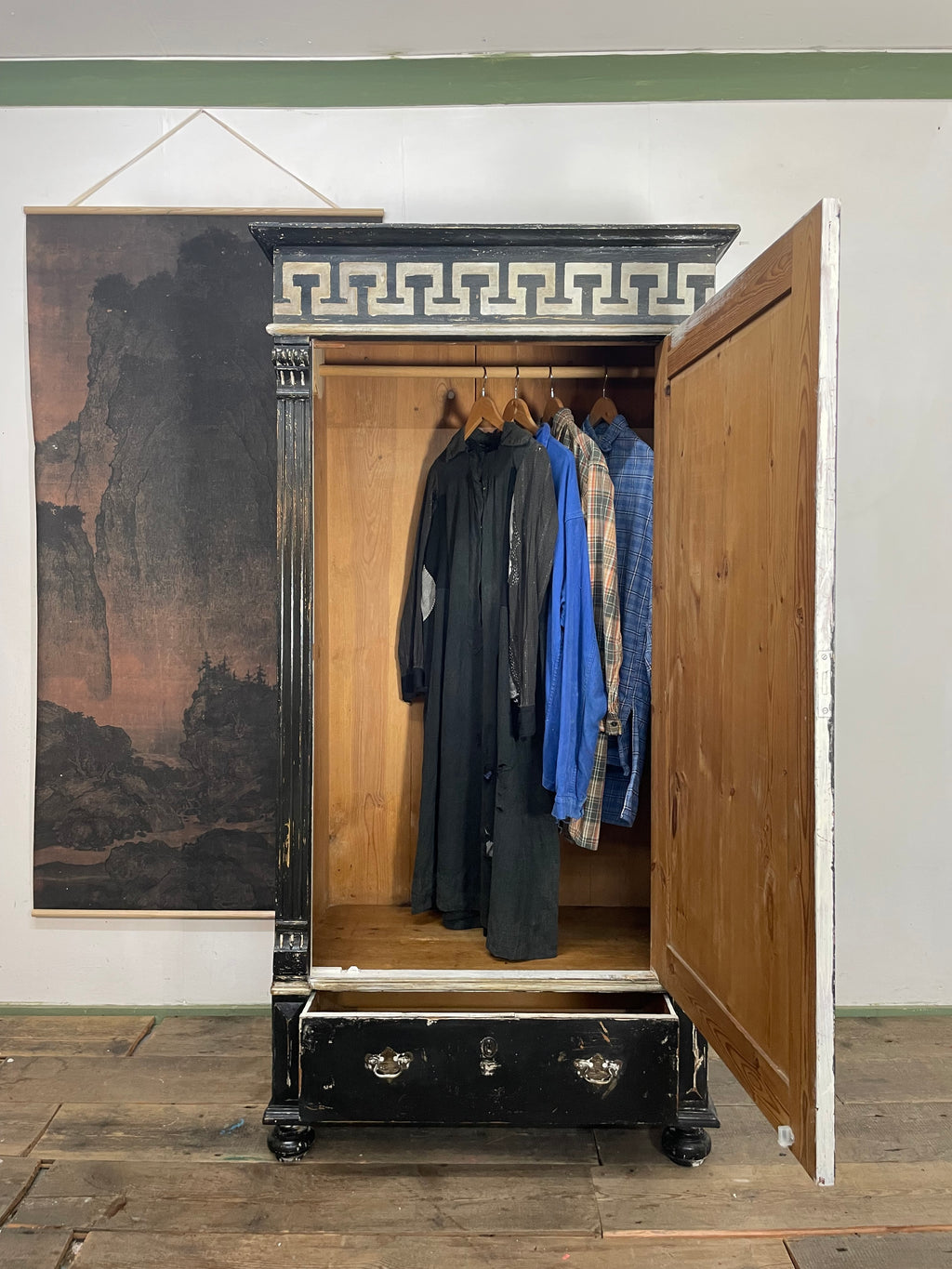 Vintage Painted Pine Wardrobe with Versailles Panel