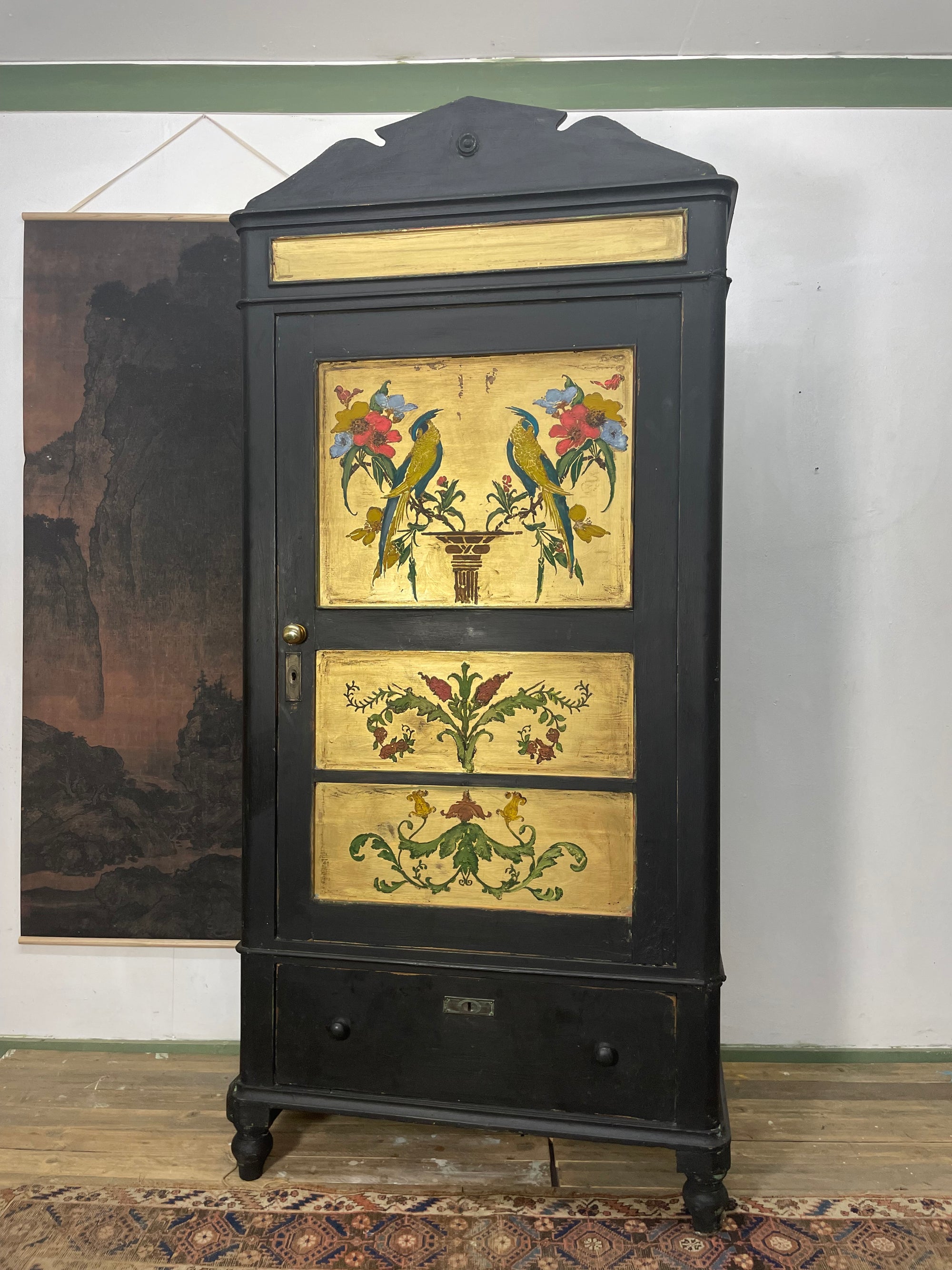 Vintage Painted Pine Wardrobe/ Hall Cupboard with Bird Panels