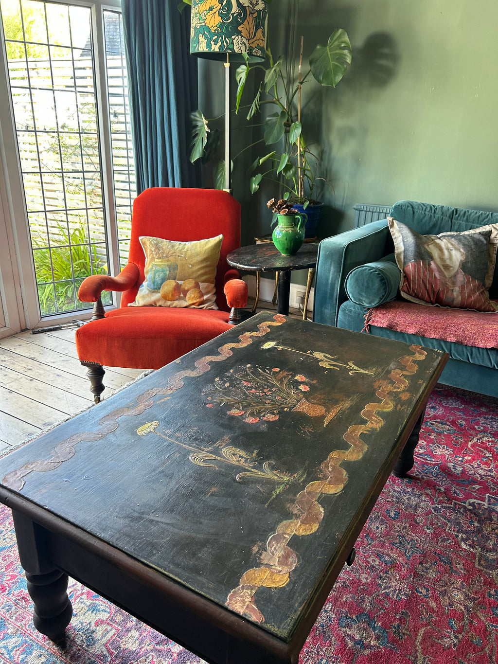 Vintage Painted Coffee Table with Folk Art Design