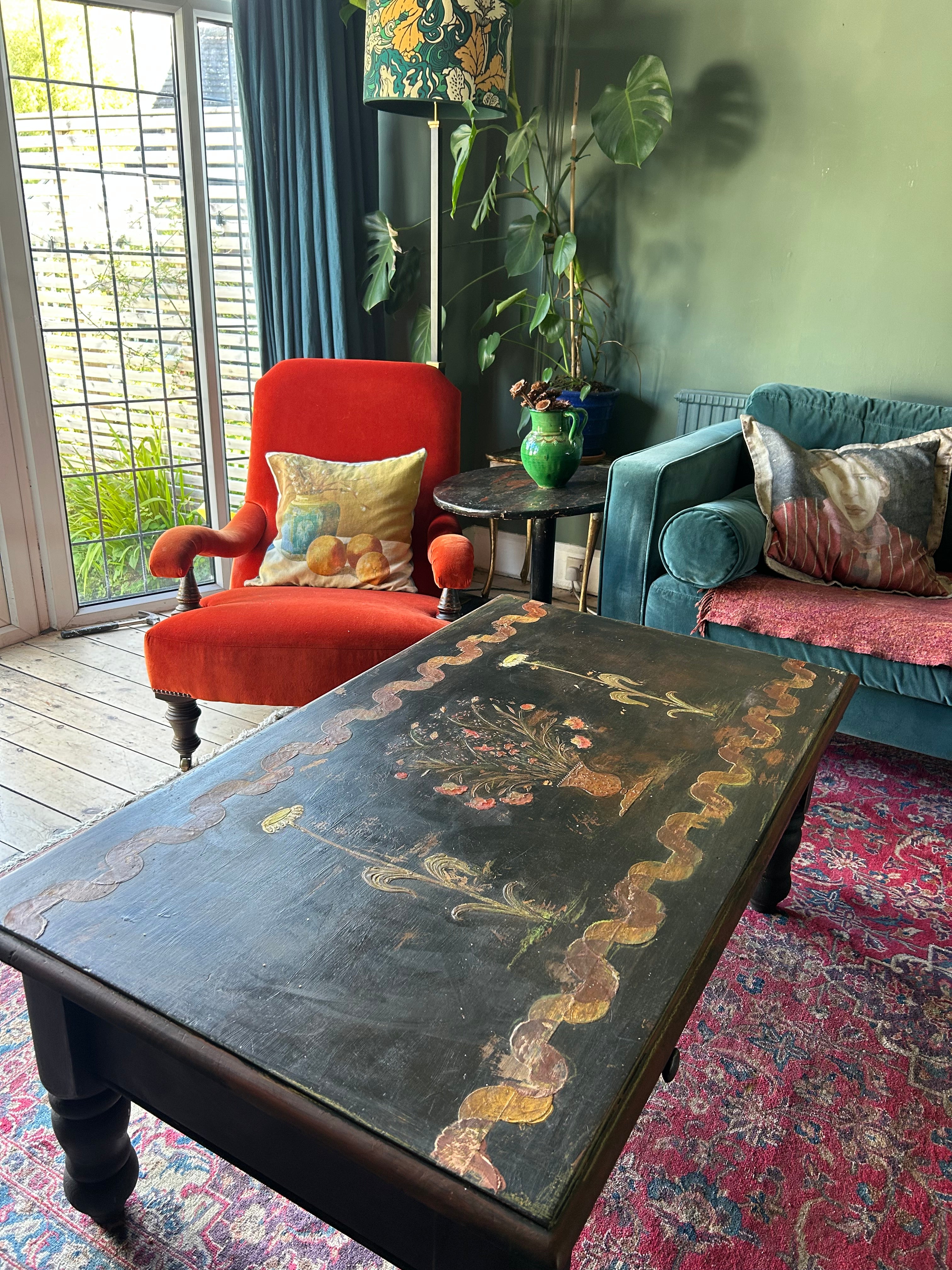 Vintage Painted Coffee Table with Folk Art Design