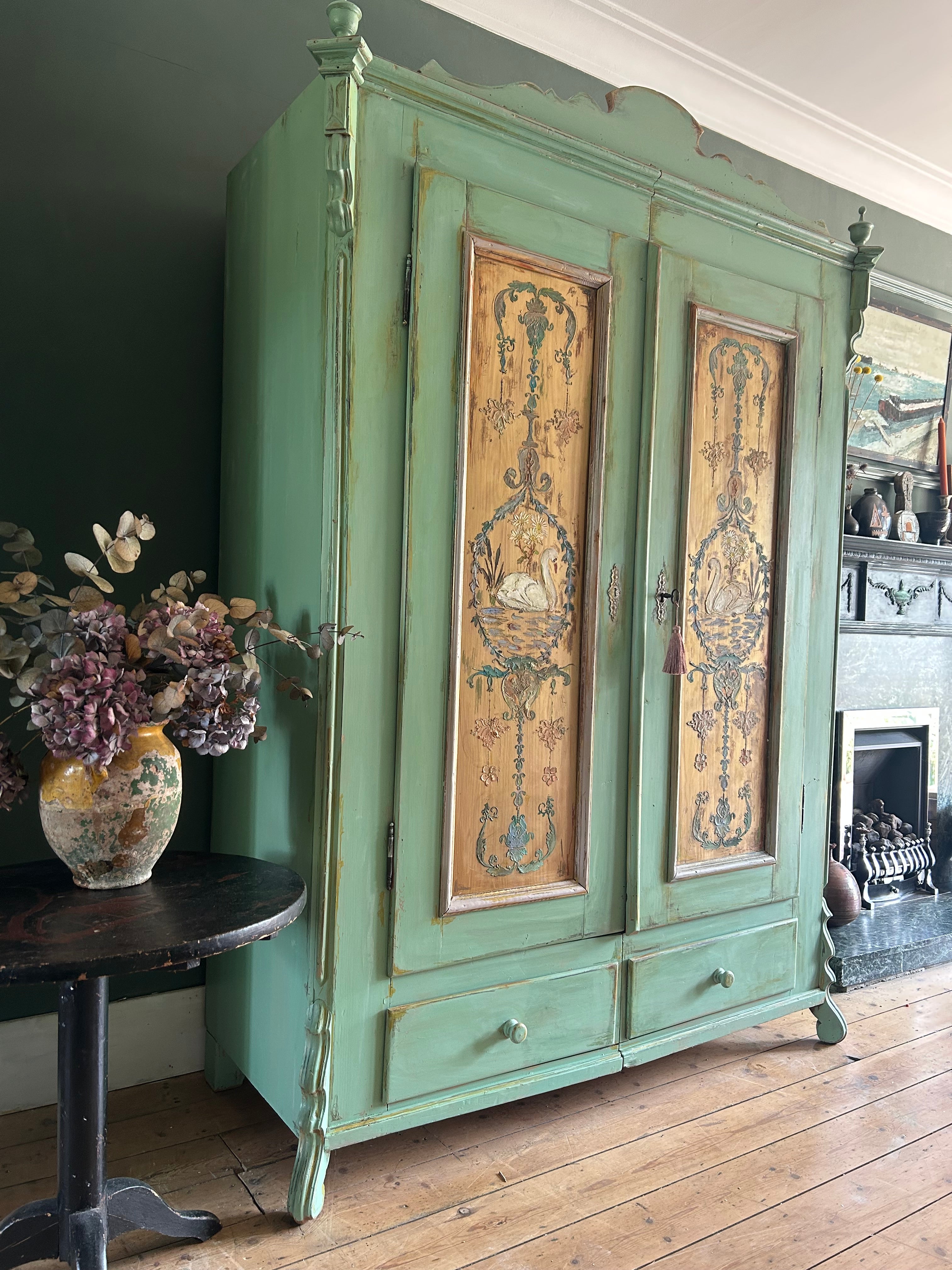 Vintage Painted Pine Wardrobe with Inlaid Swan Chinoiserie