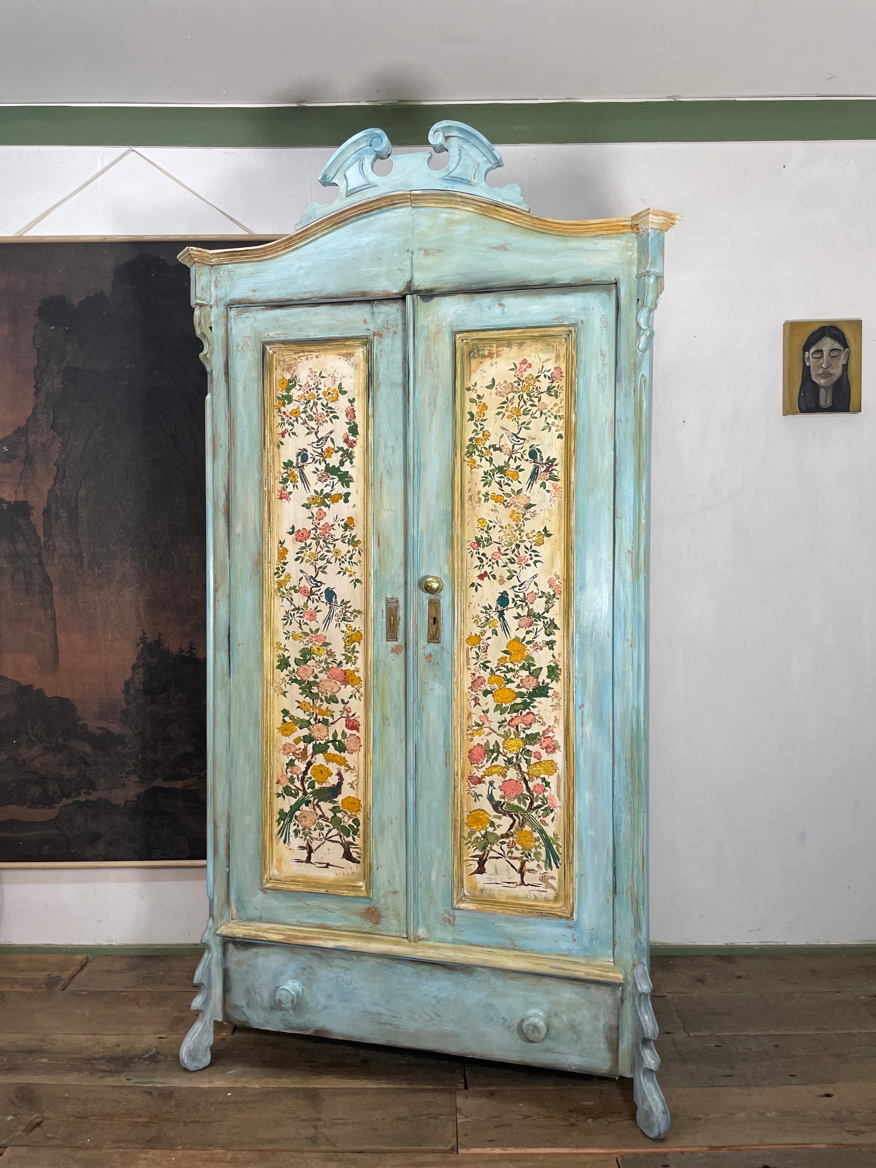 Vintage French Painted Pine Armoire with Chinoiserie Panels