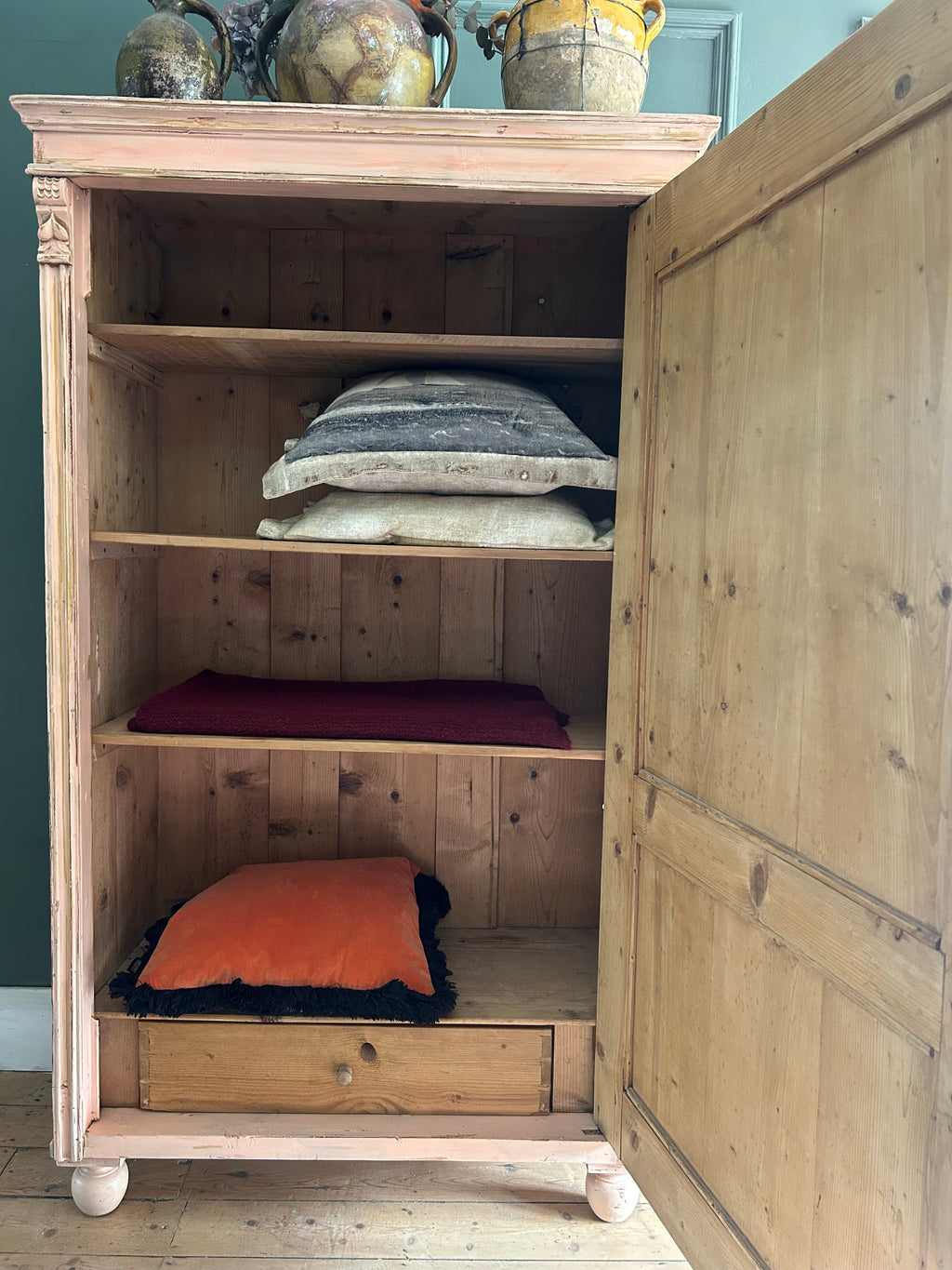 Vintage Painted Pine Cupboard with Inlaid Chinoiserie