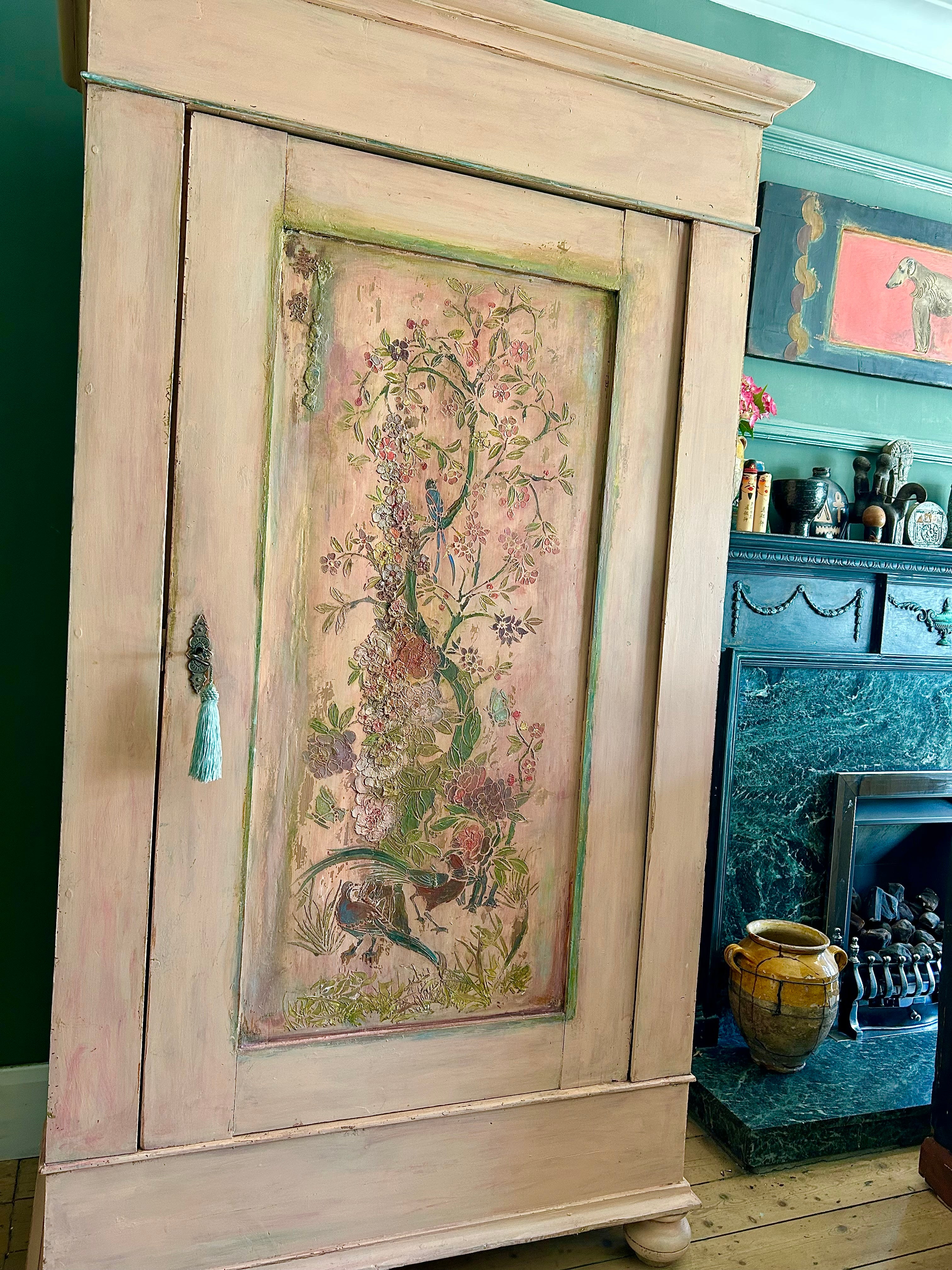 Vintage Painted Cupboard/Armoire with Chinoiserie Panel