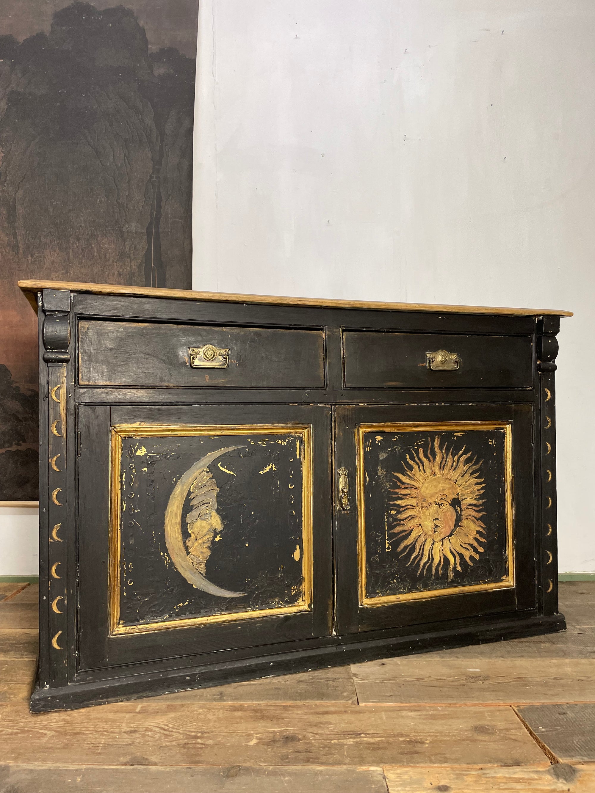 Vintage Painted Pine Sun & Moon Cupboard