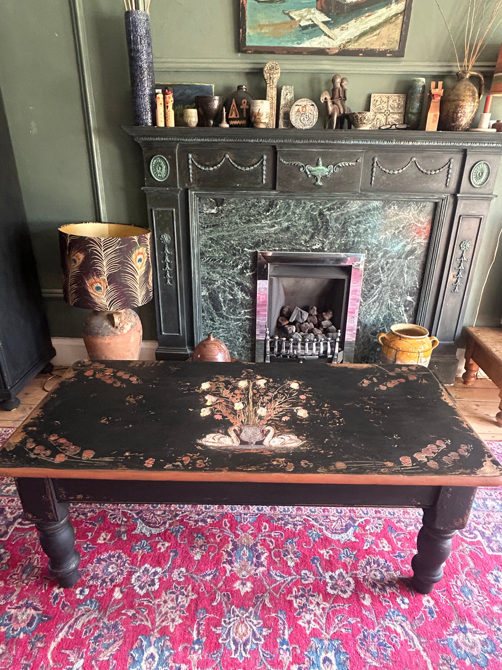 Vintage Painted Coffee Table with Folk Art Design